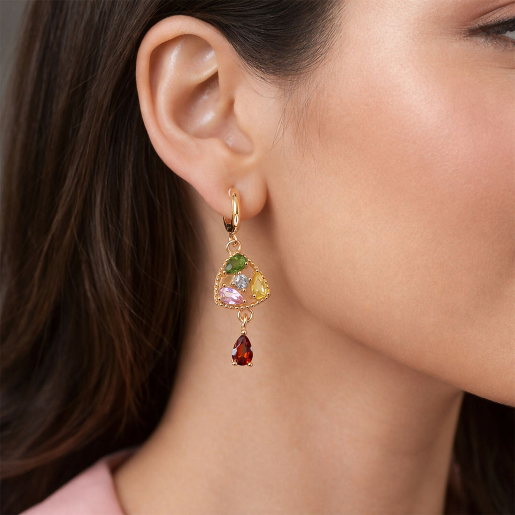 Gold-Tone Multicolor Stone Drop Earrings with Hoop Lock for Women & Girl