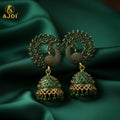 Traditional Peacock Design Green Stone Jhumka Earrings