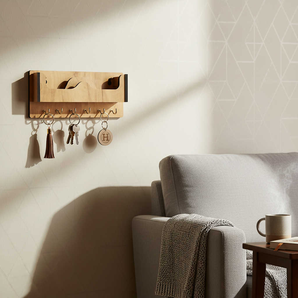 Wooden Wall Mounted Key Holder with Shelf for Mobile, Glasses and Daily Items
