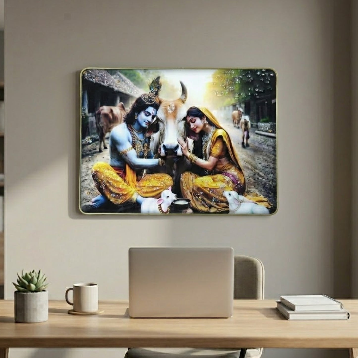 Spiritual Radha Krishna village scene wall art panel