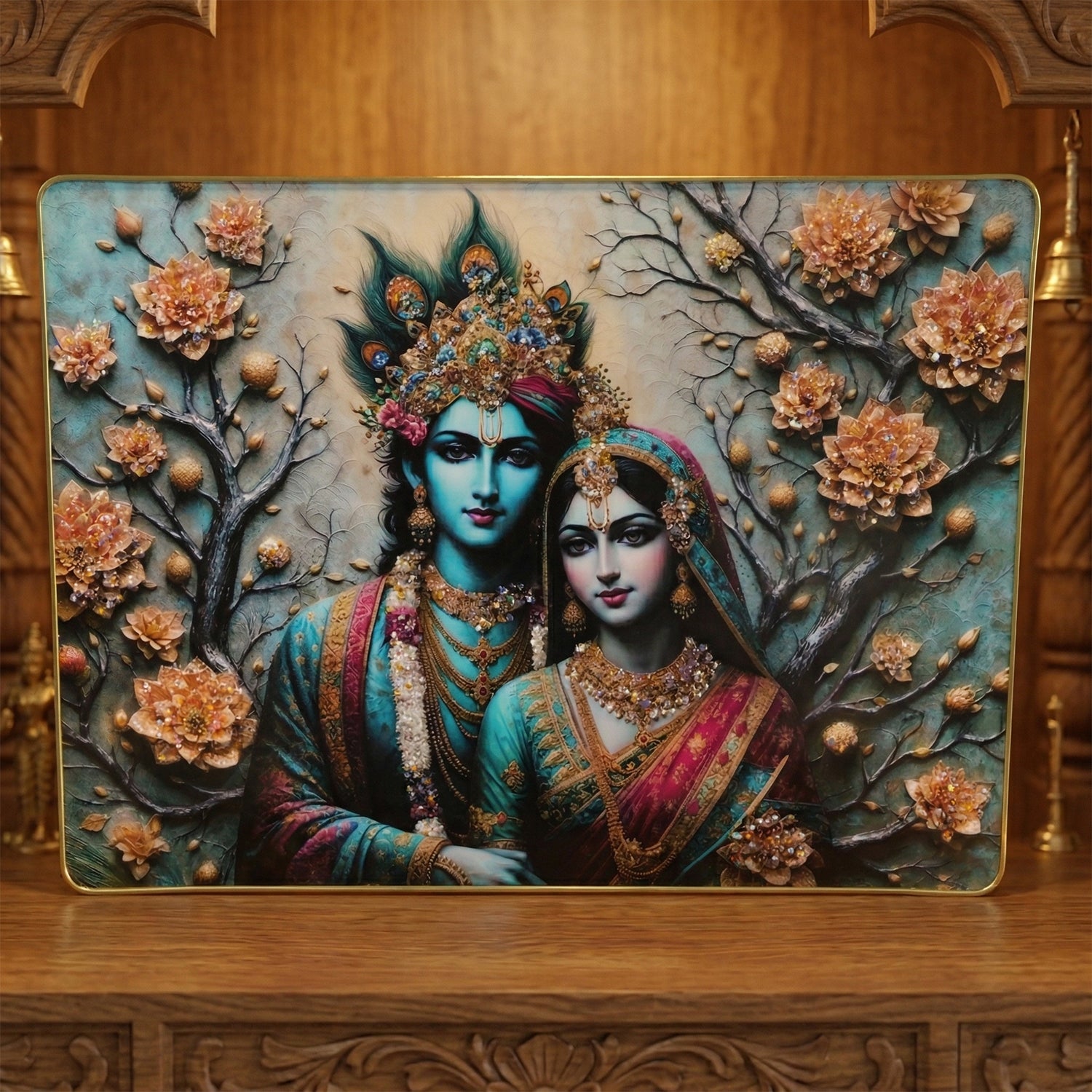 Decorative Radha Krishna wall hanging frame in wooden finish