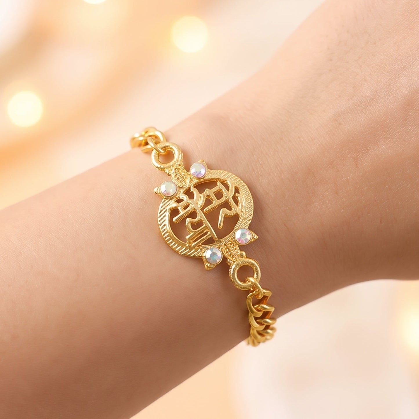 Gold-plated Mere Bhaiya rakhi worn as a stylish bracelet on a brother's wrist.