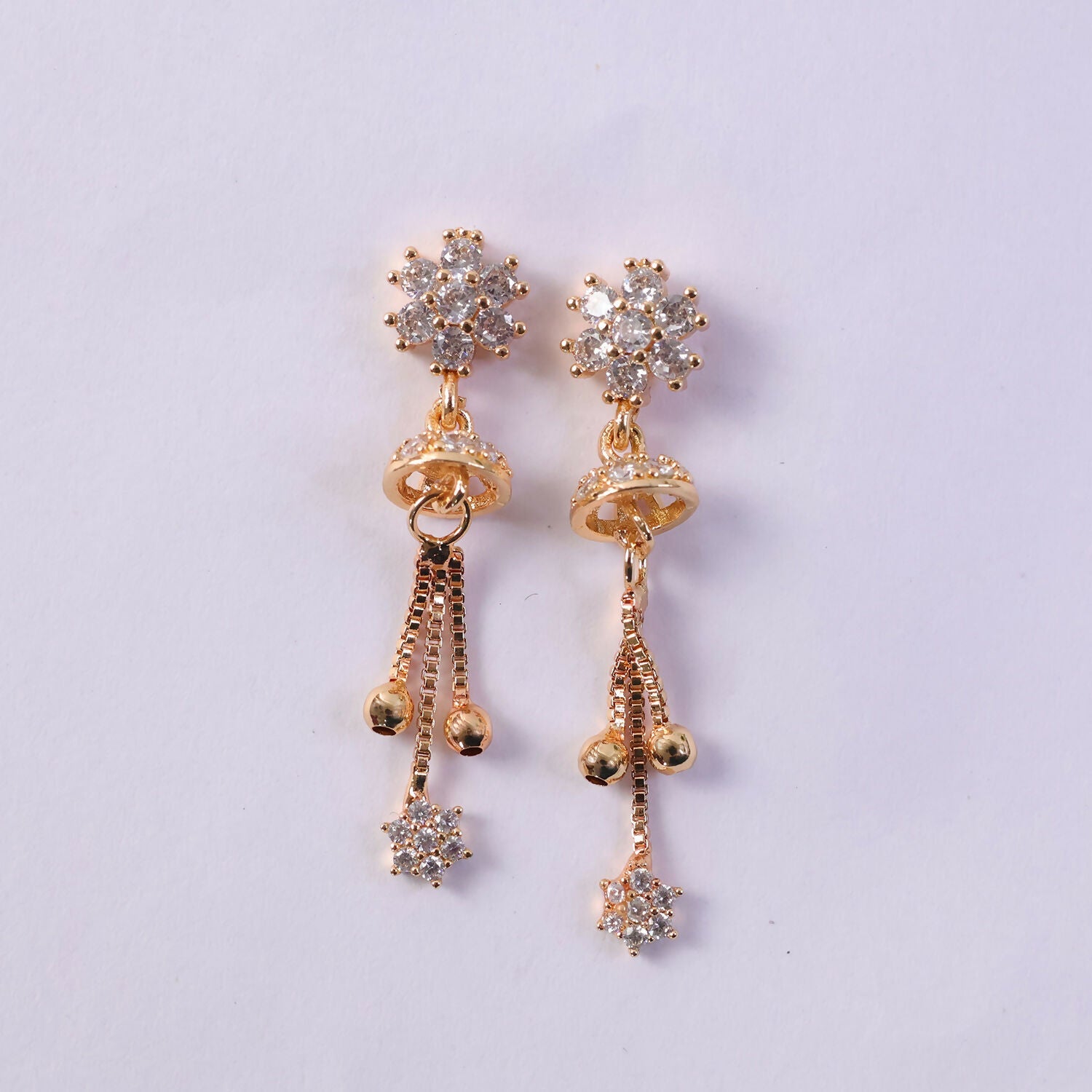 Floral Crystal Drop Earrings with Gold-Tone Chain Tassels