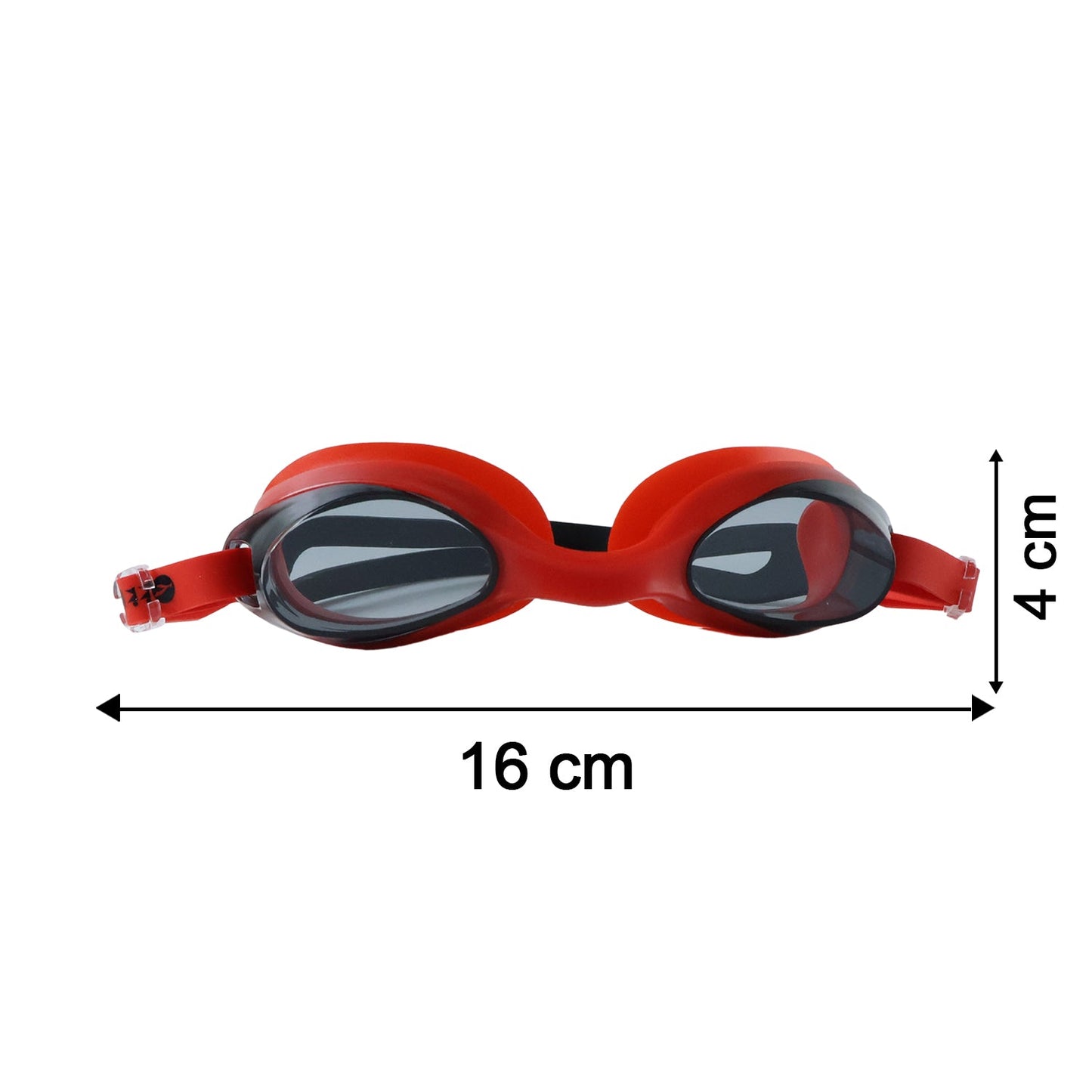 Size details of red swimming goggles demonstrating fit options