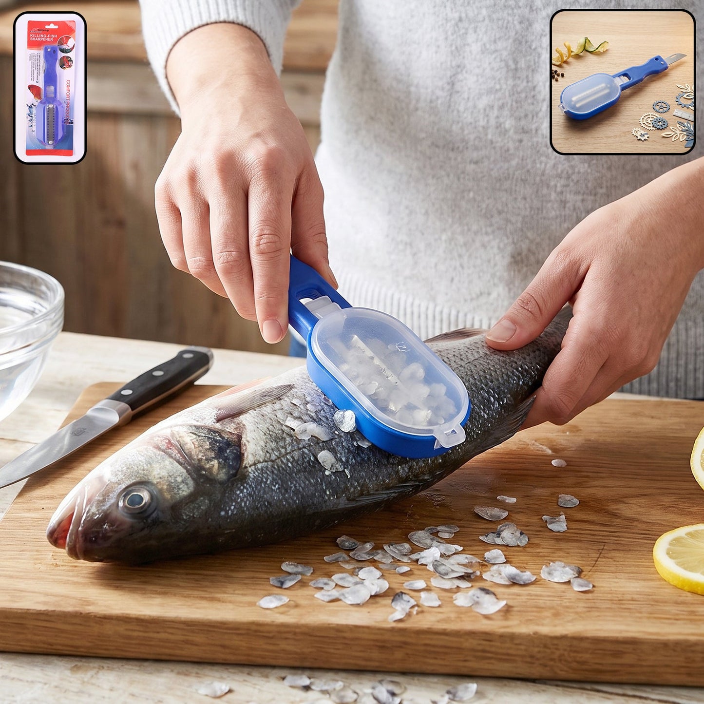 A person scales a fish on a wooden cutting board with a blue fish scaler, creating many loose scales.