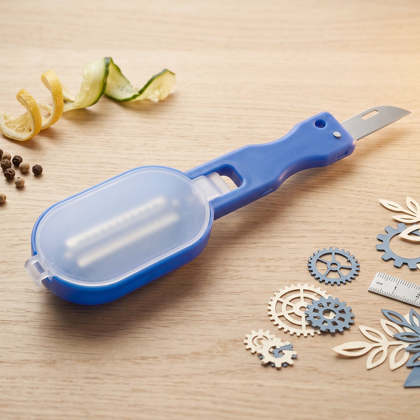 A blue fish scaler with a clear lid and a silver blade is shown with dimensions of 20 cm by 5 cm.