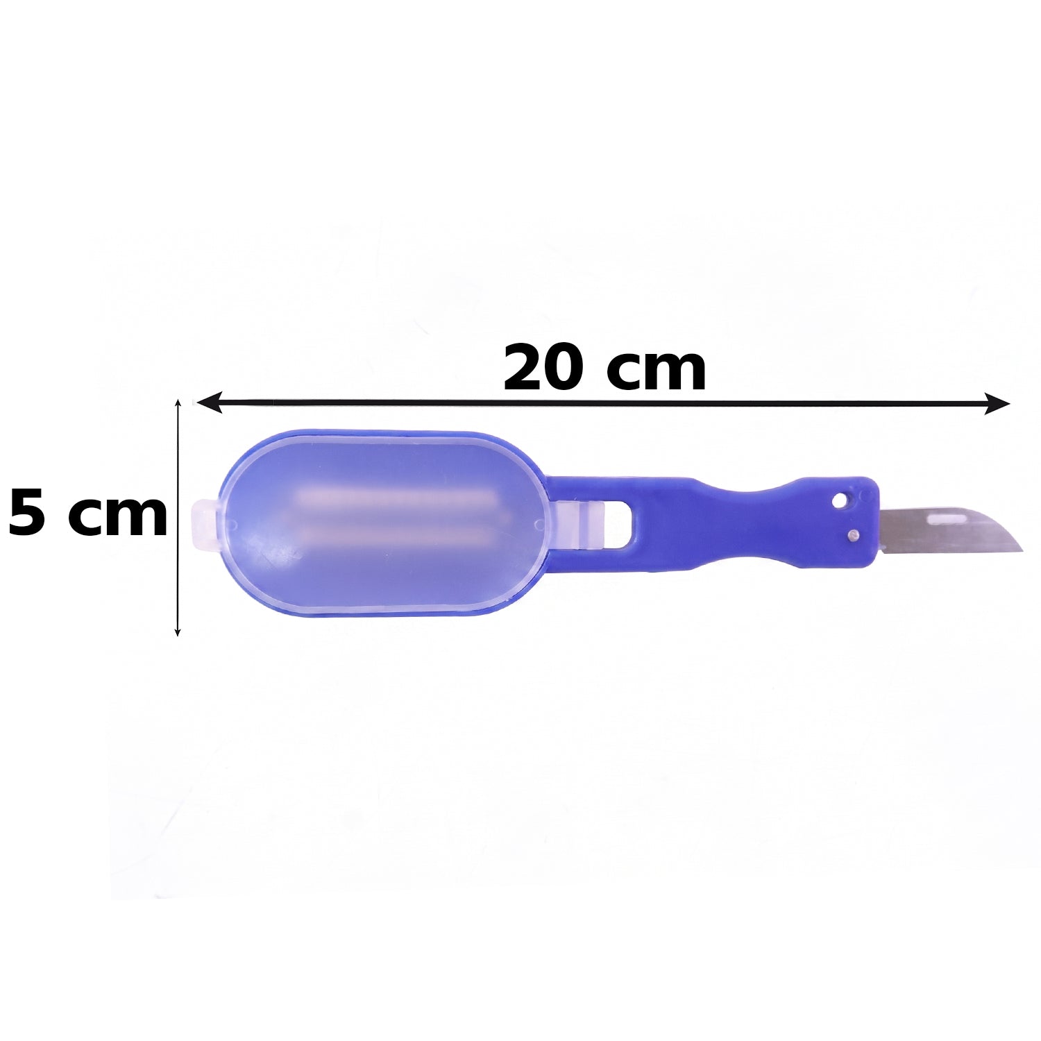 A hand uses the blue fish scaler to remove scales from a fish, with many scales scattered on the board.