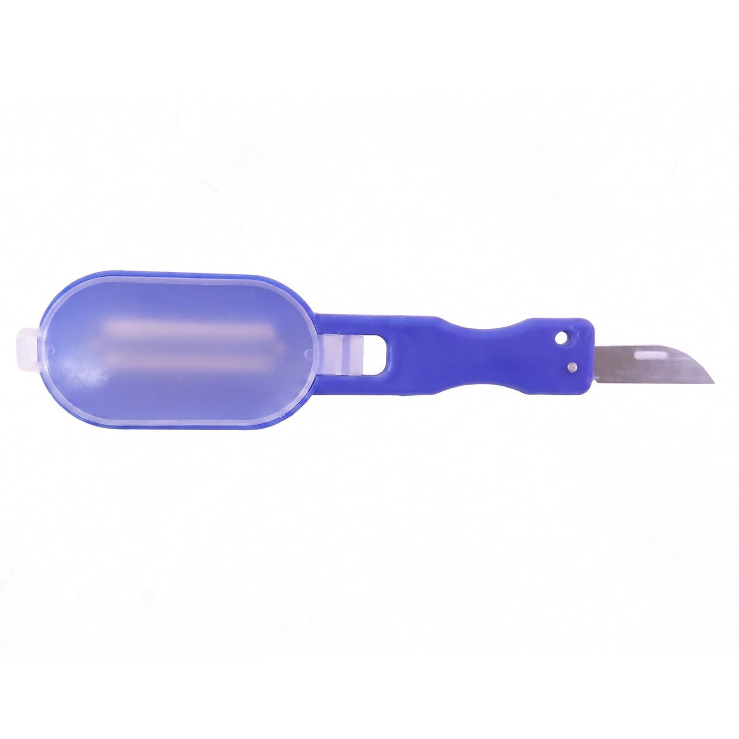The blue fish scaler with a metal serrated blade is on a wooden board with water droplets and fish scales.
