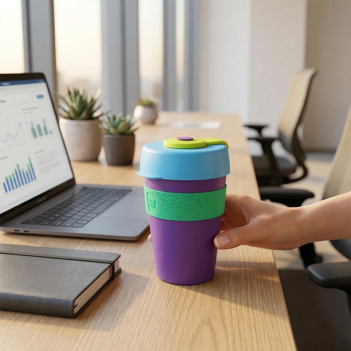 A hand holds a purple, green, and blue reusable coffee cup on a wooden desk with a laptop and plants.