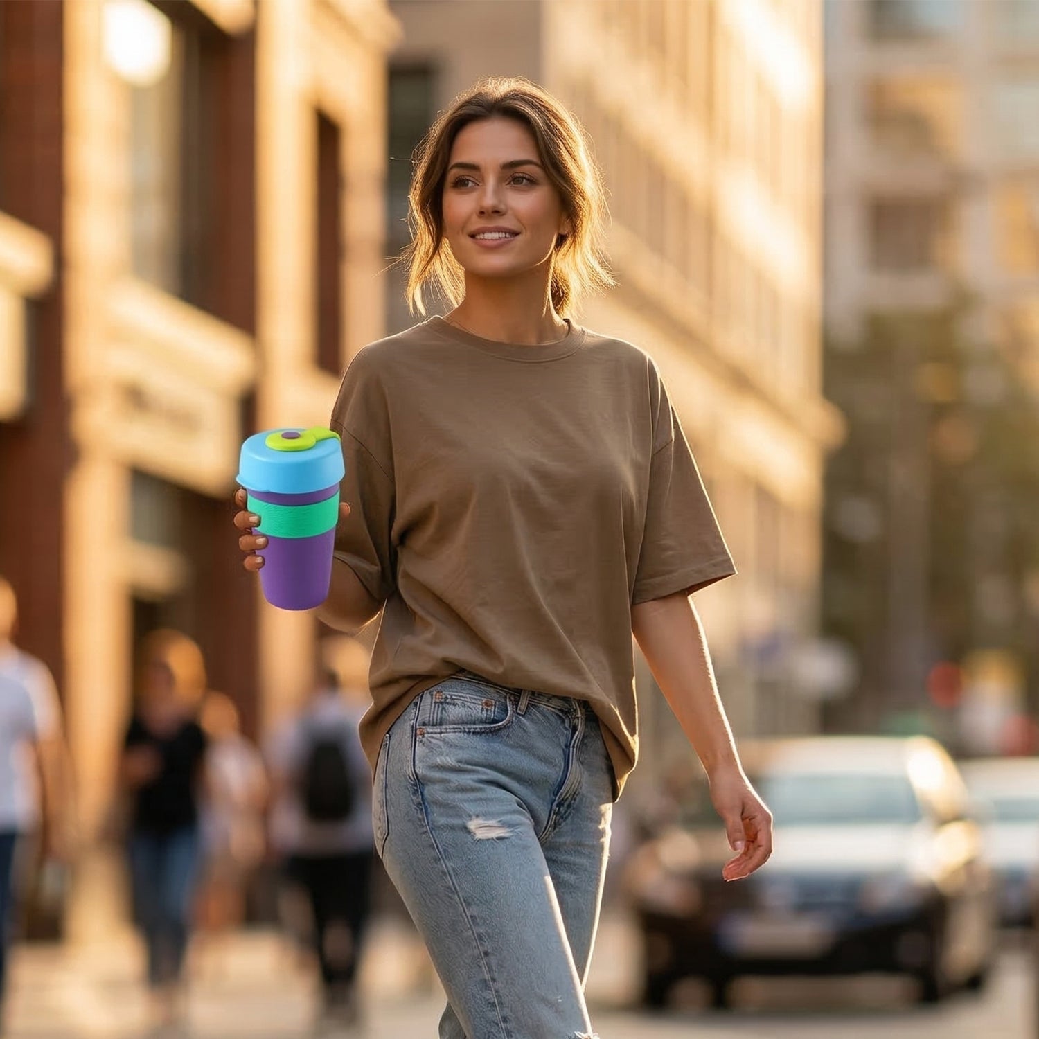 A smiling woman in jeans and a brown t-shirt walks outdoors, holding a purple, green, and blue reusable coffee cup.