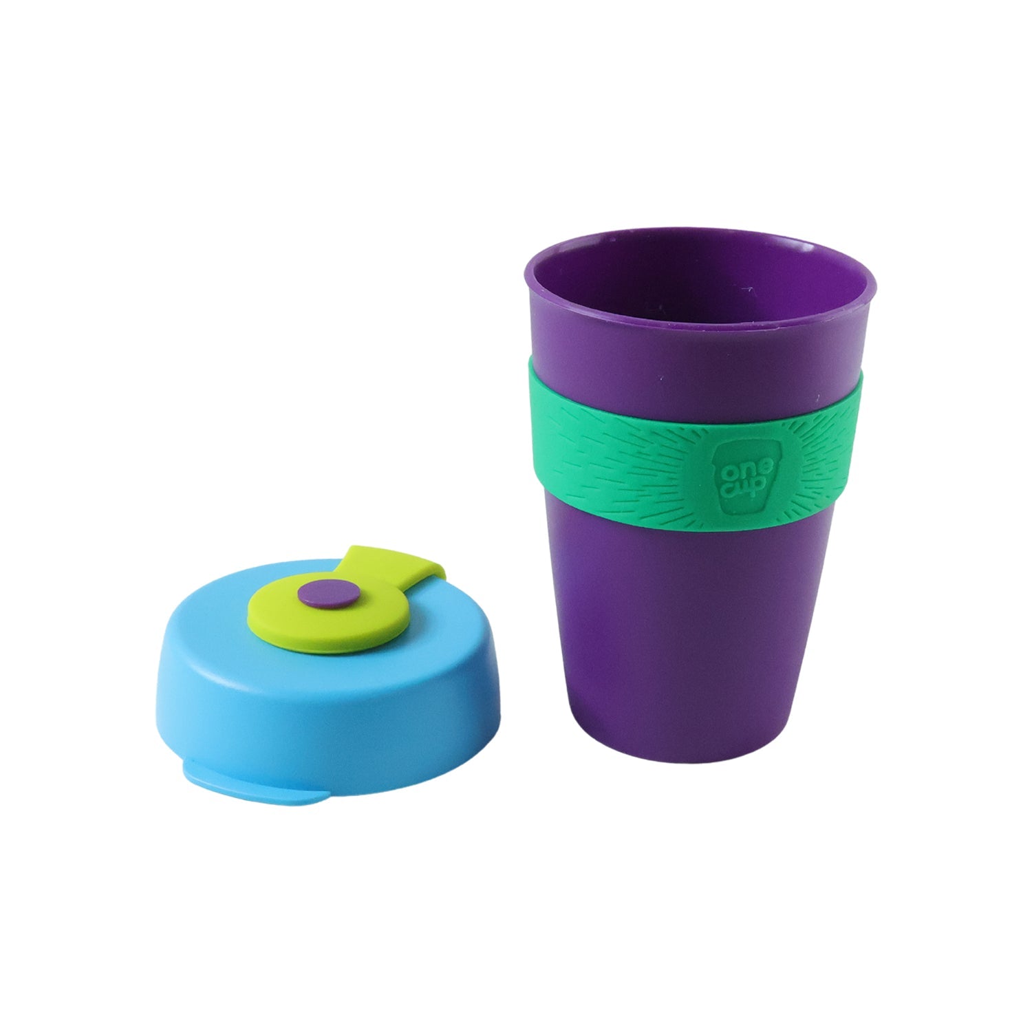 A purple cup with a green textured band and a detached blue lid with a green and purple stopper on a white background.