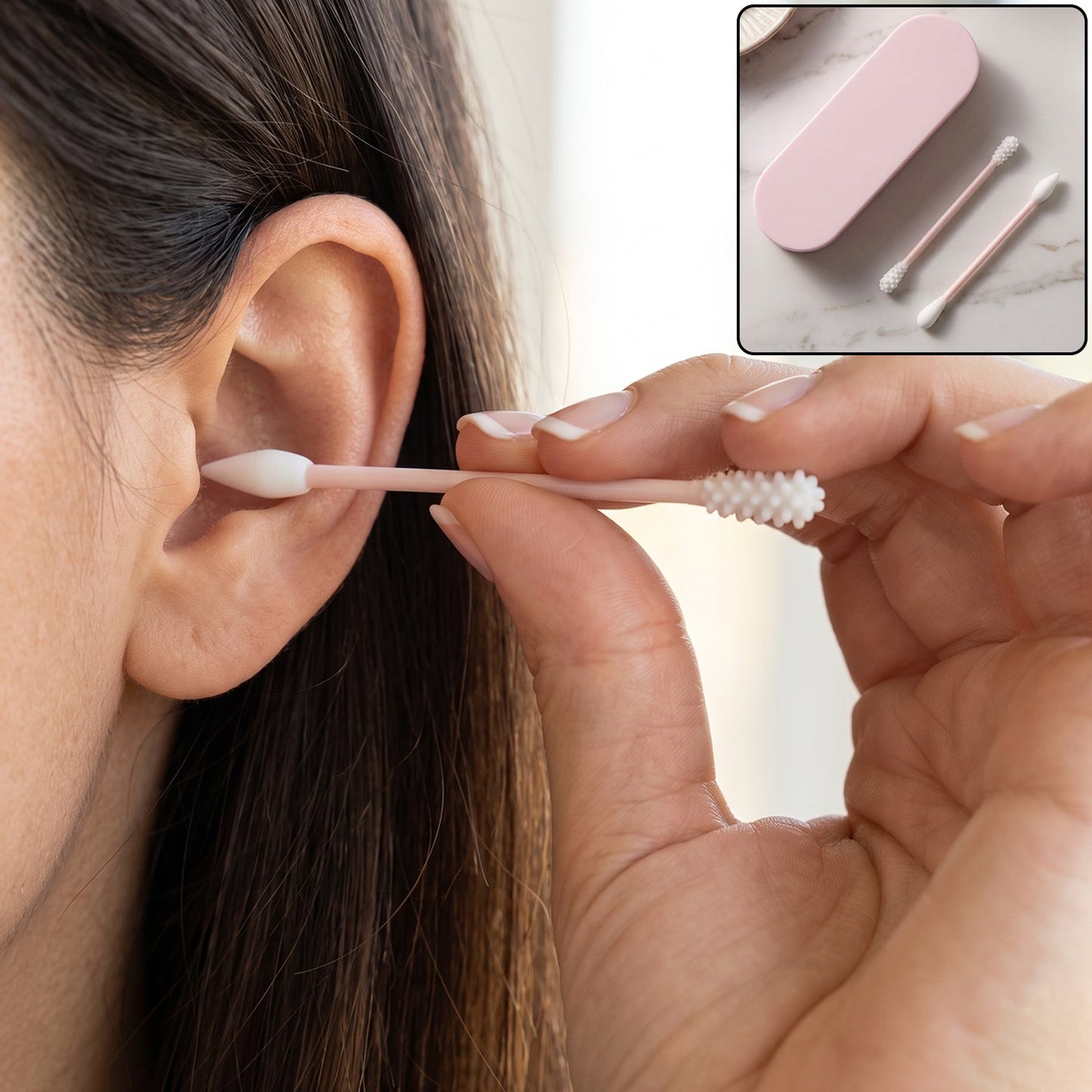 Woman cleaning her ear with a pink reusable silicone ear swab, with an inset showing the case and two swabs.