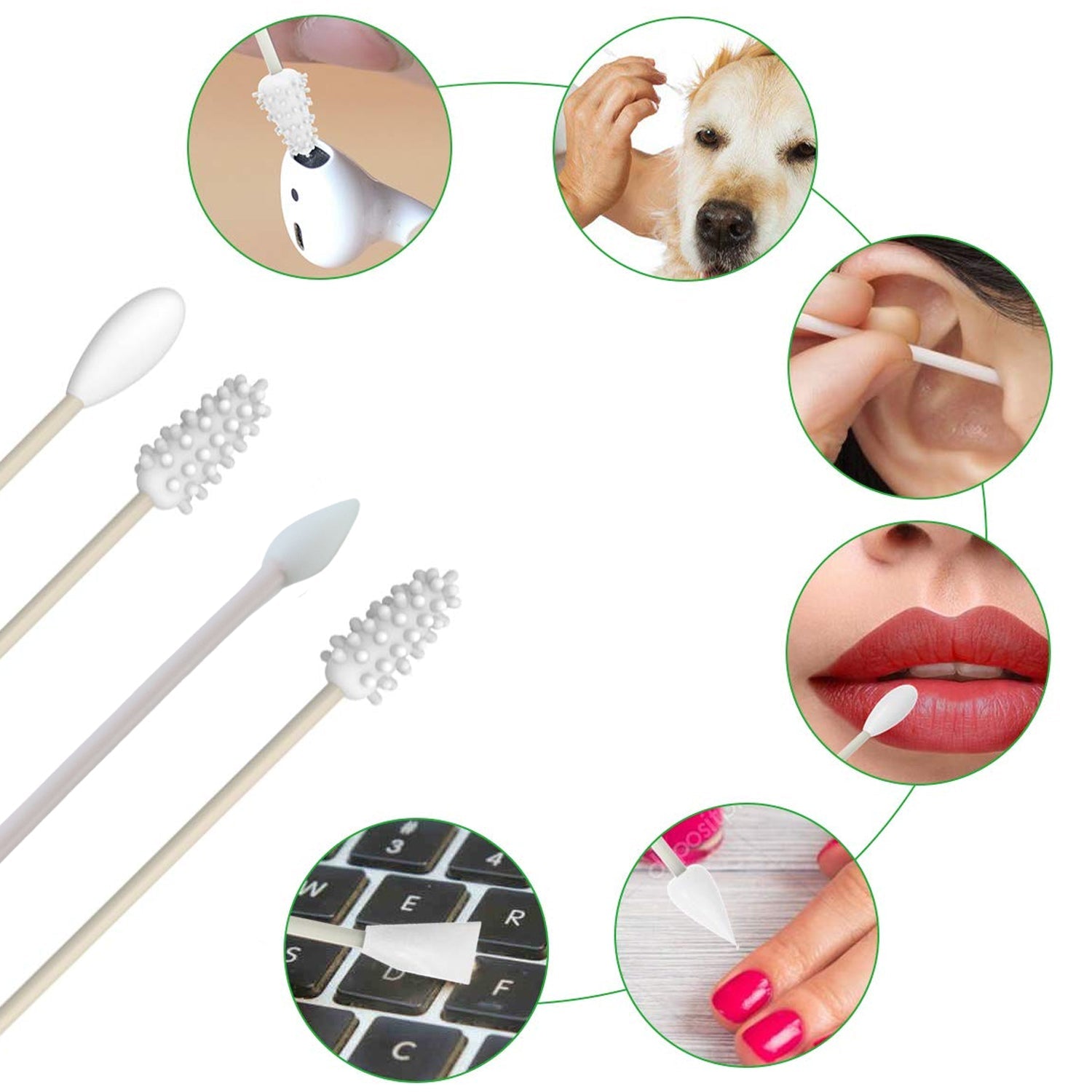 Various uses for reusable silicone swabs, including ear cleaning, pet grooming, makeup application, and keyboard cleaning.