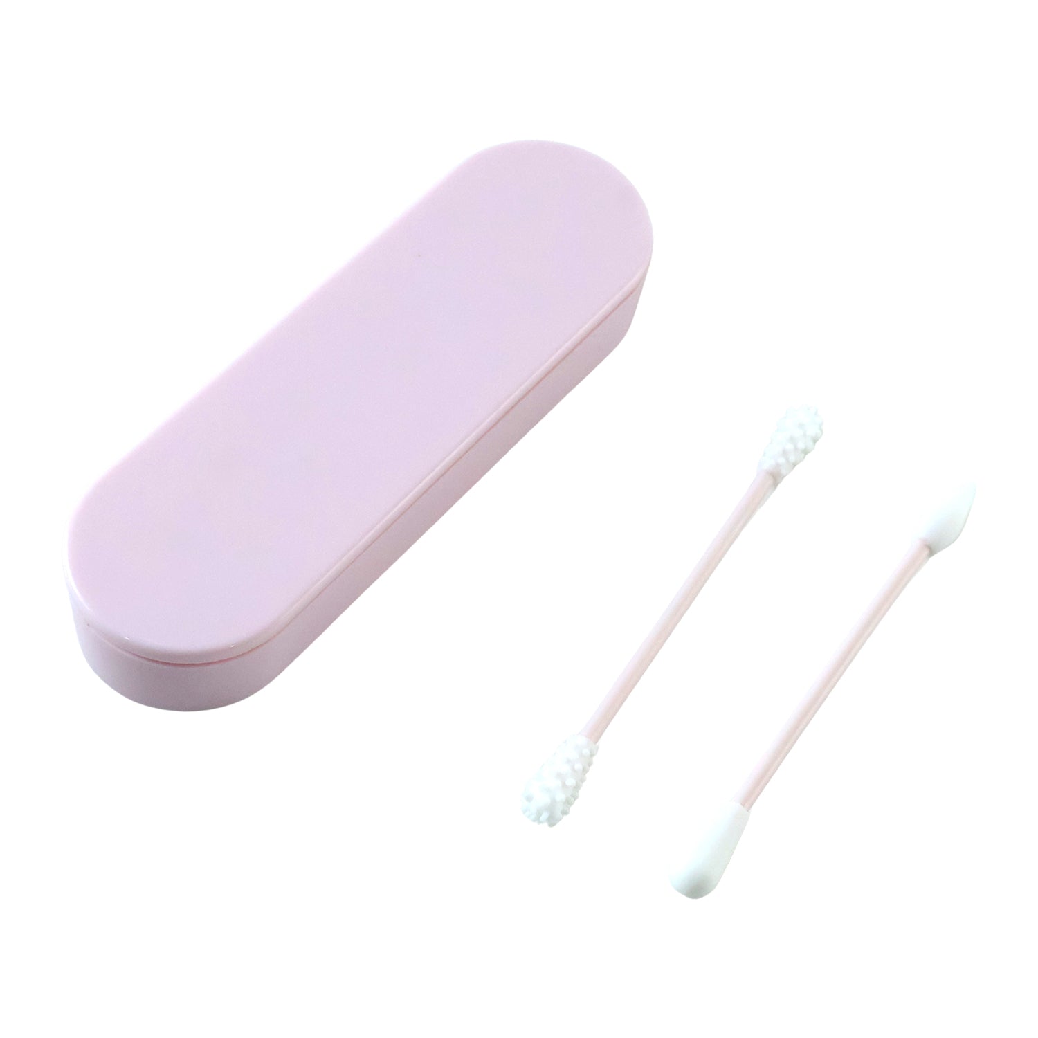 Pink reusable silicone ear swab case with two ear swabs, one with a textured tip and one with a pointed tip, on a white