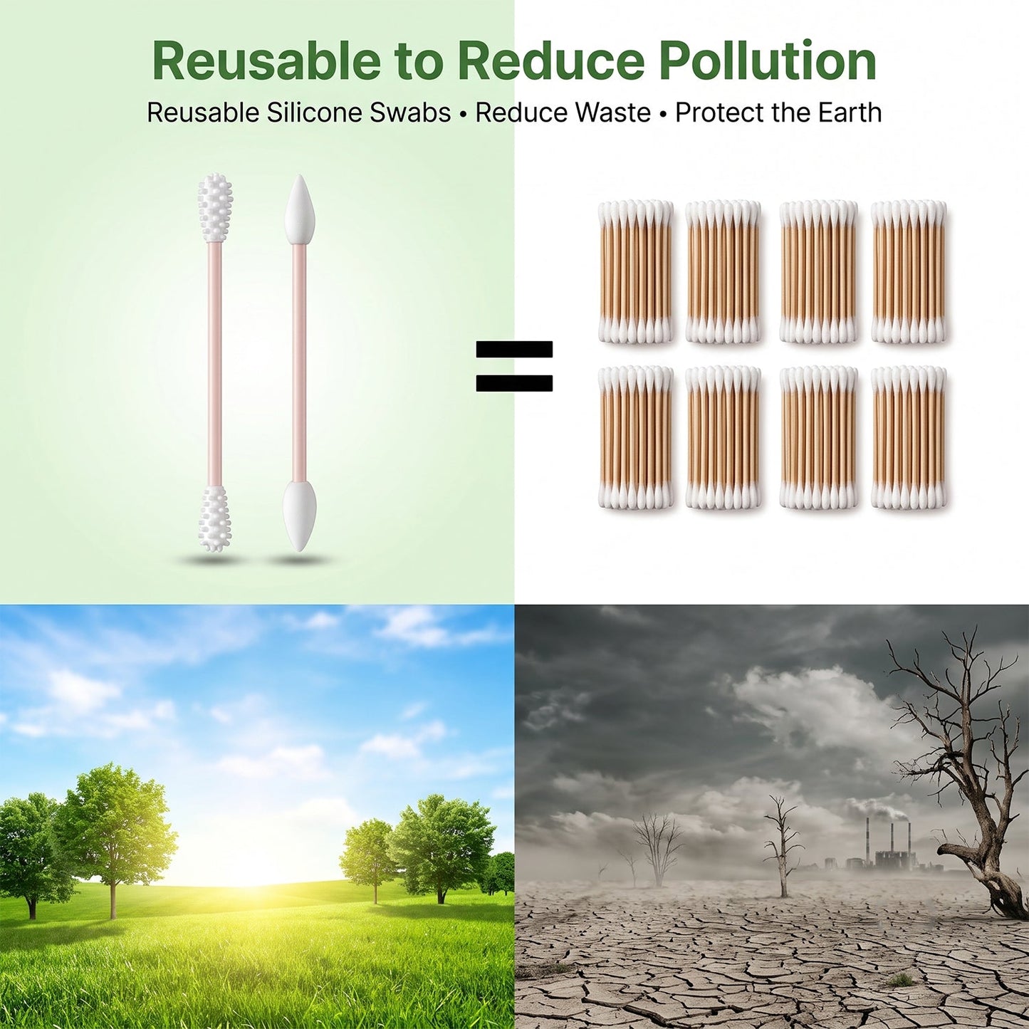 Comparison of two reusable silicone swabs to eight packs of disposable cotton swabs, promoting reduced pollution.