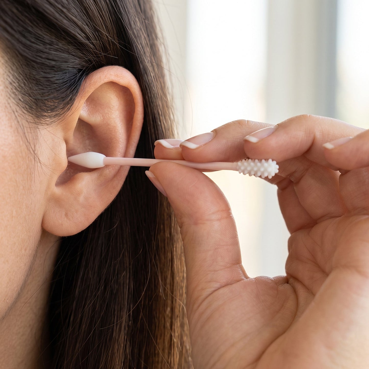 Close-up of a woman cleaning her ear with a pink reusable silicone ear swab with a pointed tip.