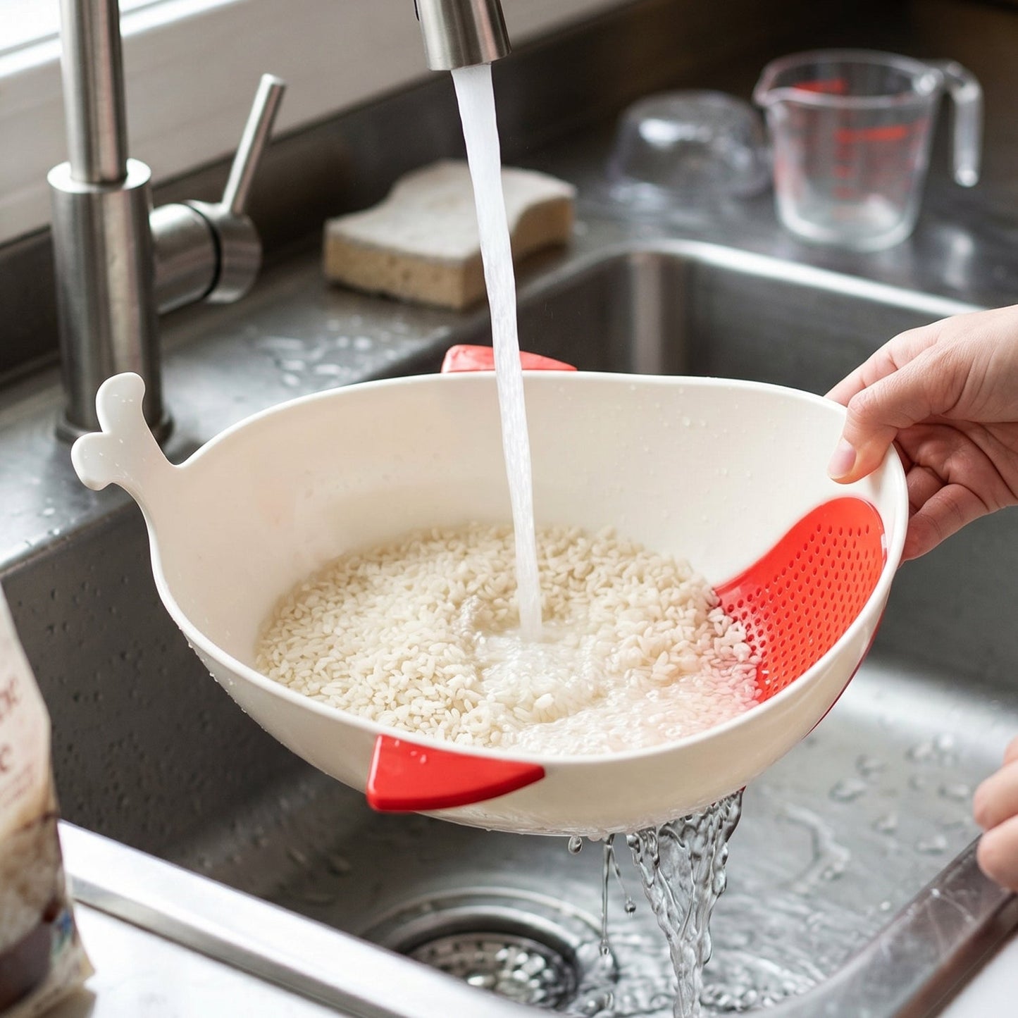 A person rinsing rice in a white whale-shaped bowl with red accents under a kitchen faucet, water draining into the sink