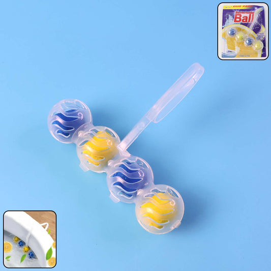 Four blue and yellow toilet cleaning balls with a clear plastic hanger on a blue background.