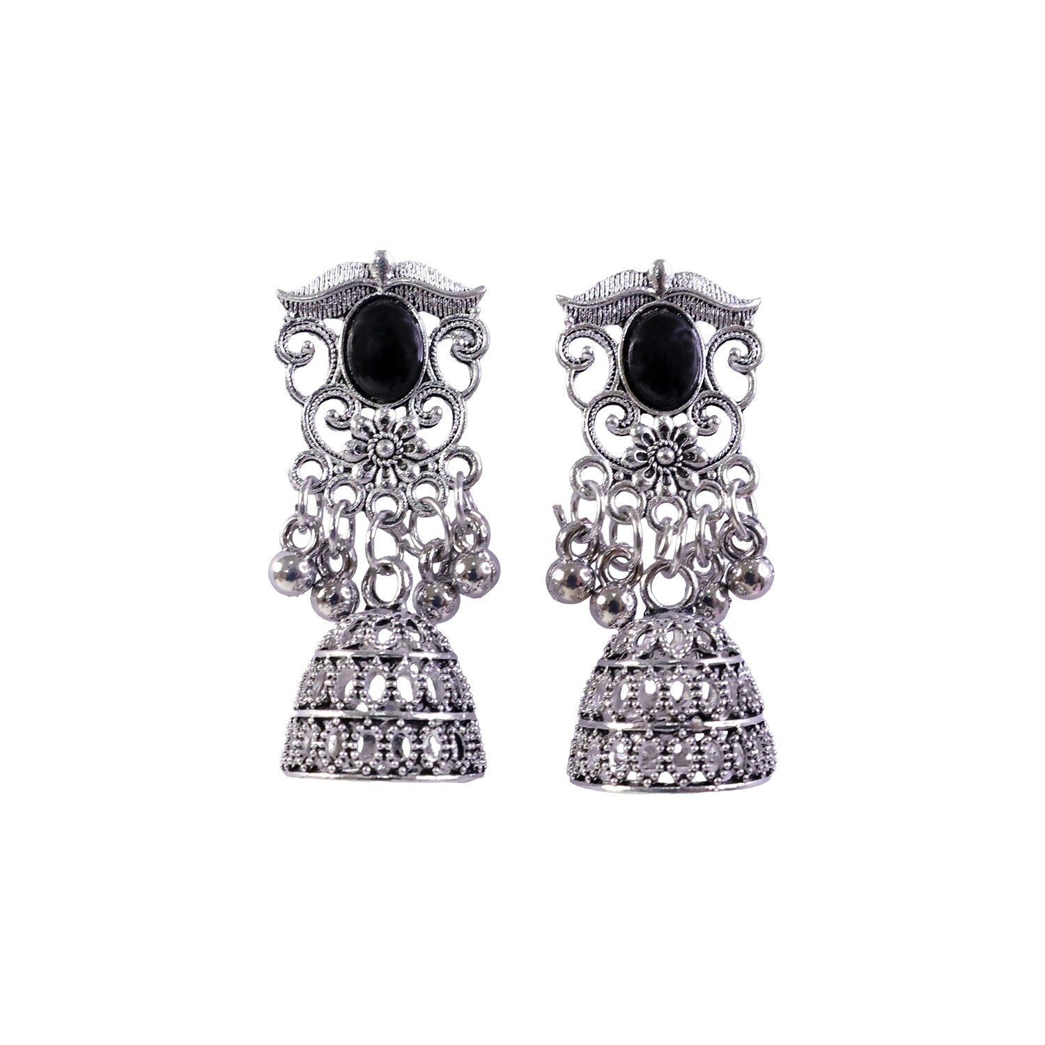 German Silver Jhumka Earrings with Black Monalisa Stones