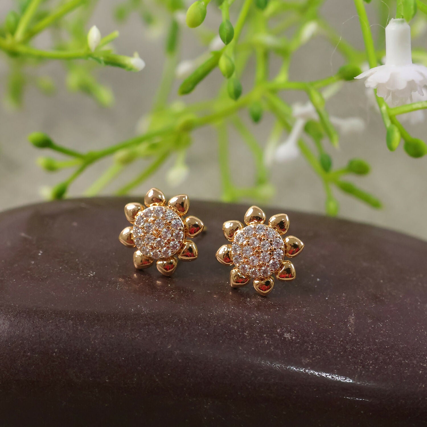 Floral Gold-Finish Stone Stud Earrings for Daily & Party Wear