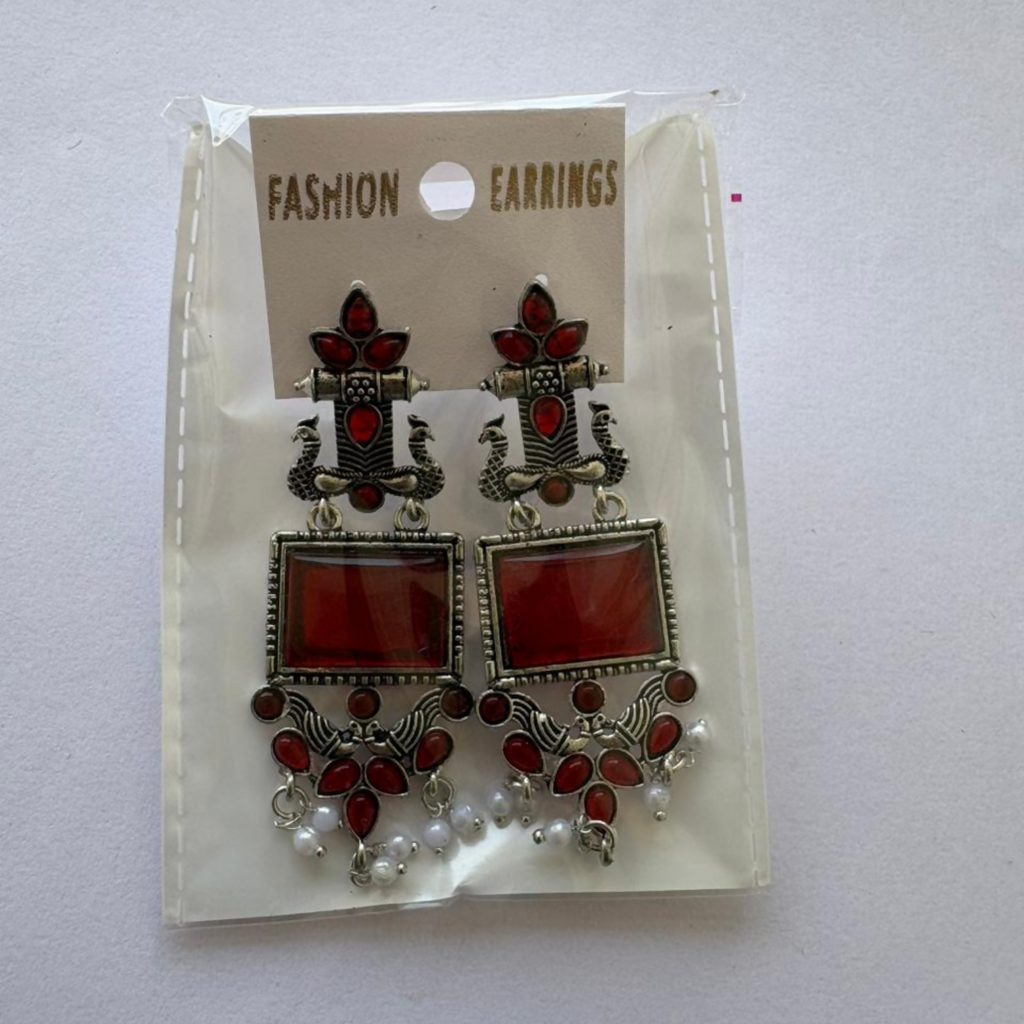 Traditional Oxidized Silver Maroon Stone Pearl Drop Earrings