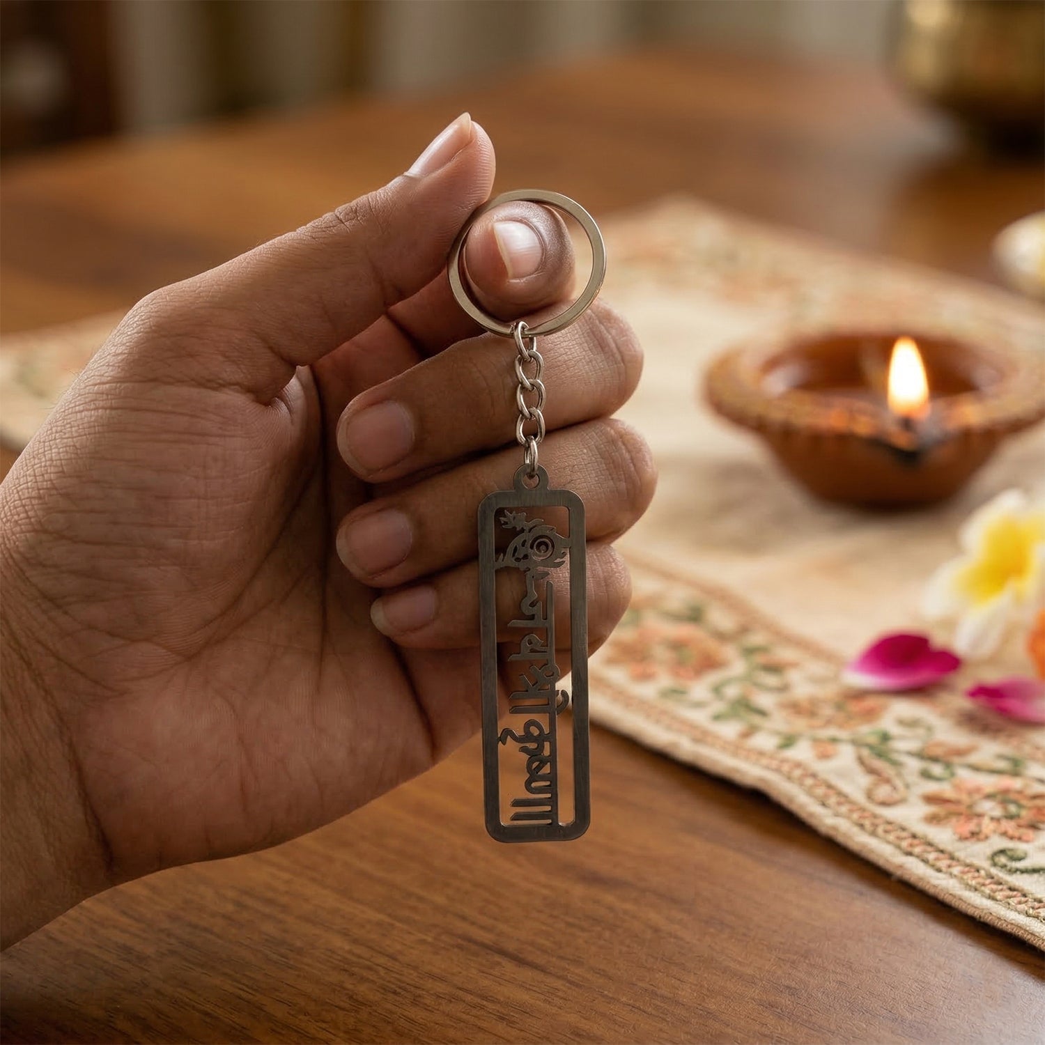 Stylish Krishna key holder with engraved spiritual design