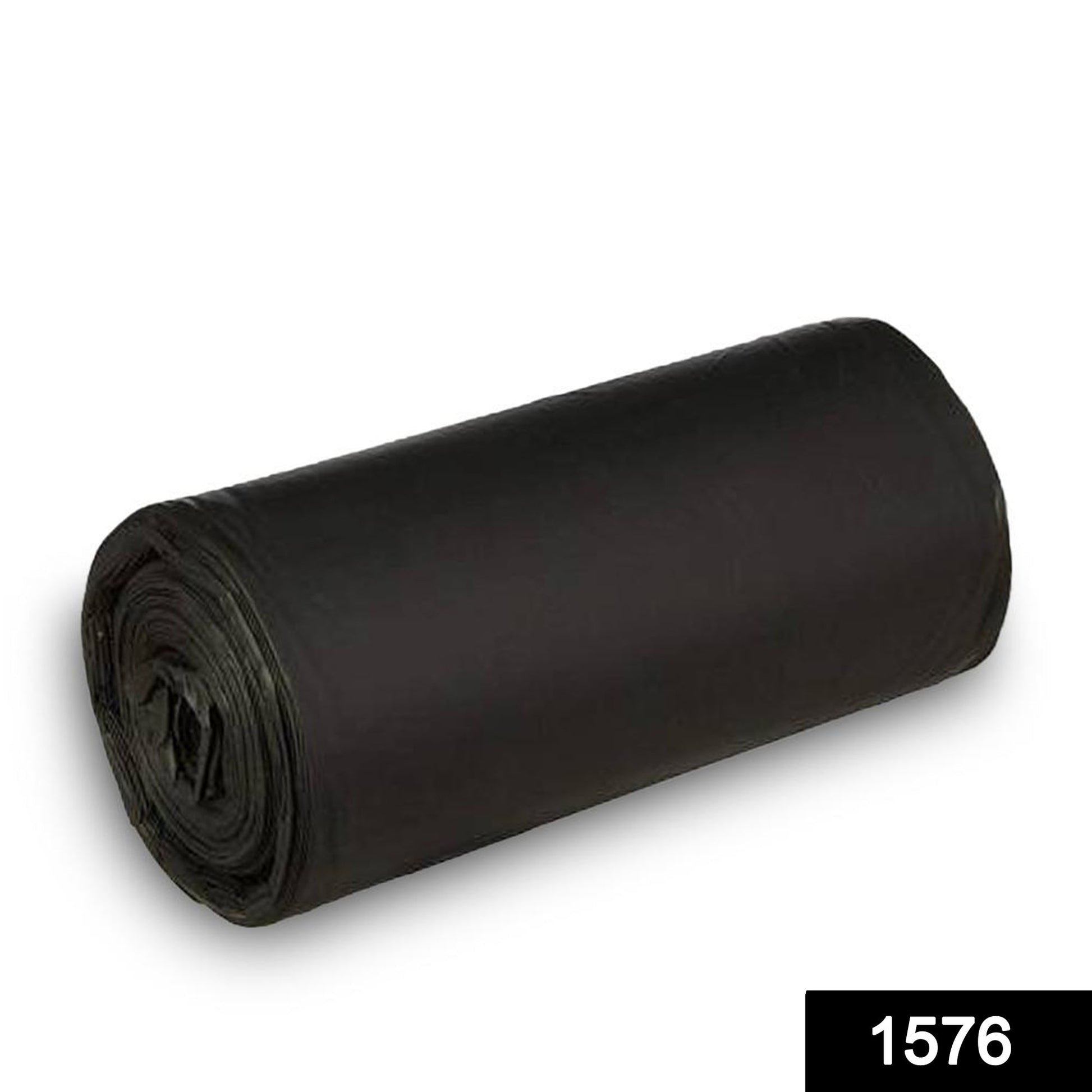 A single roll of black plastic garbage bags on a white background.