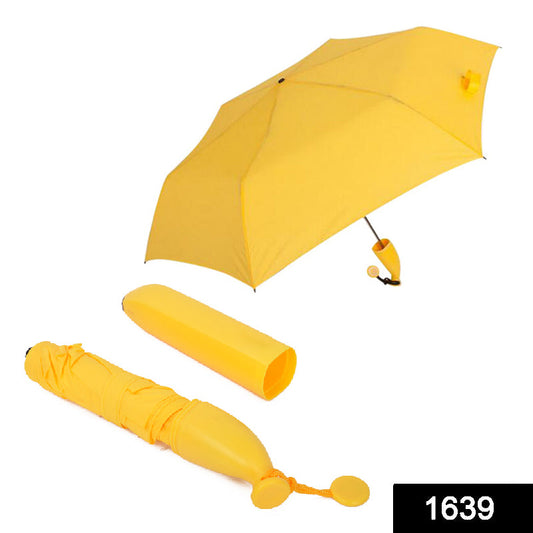 A bright yellow umbrella, its banana-shaped case, and a separate half of the case are displayed on a white background.