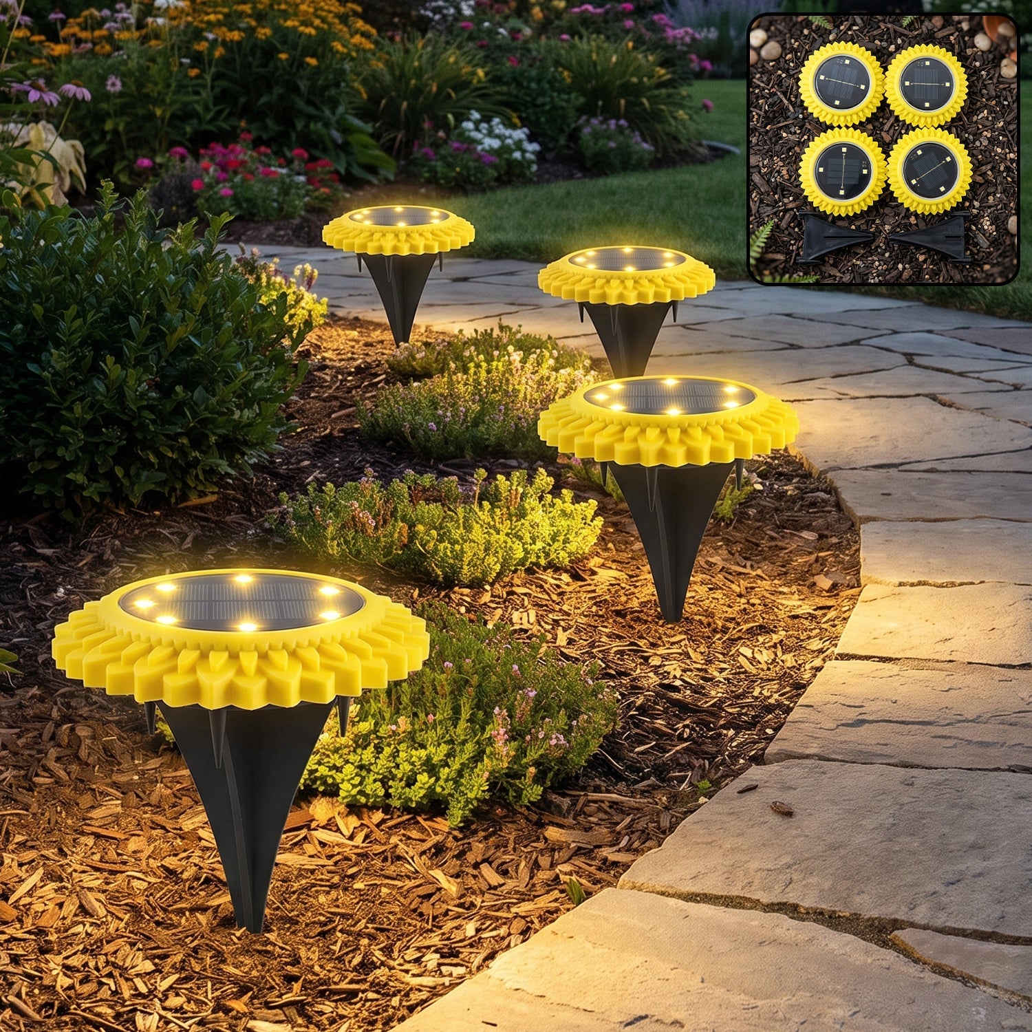 Four yellow and black solar ground lights illuminate a garden path at dusk, with green foliage and a stone walkway