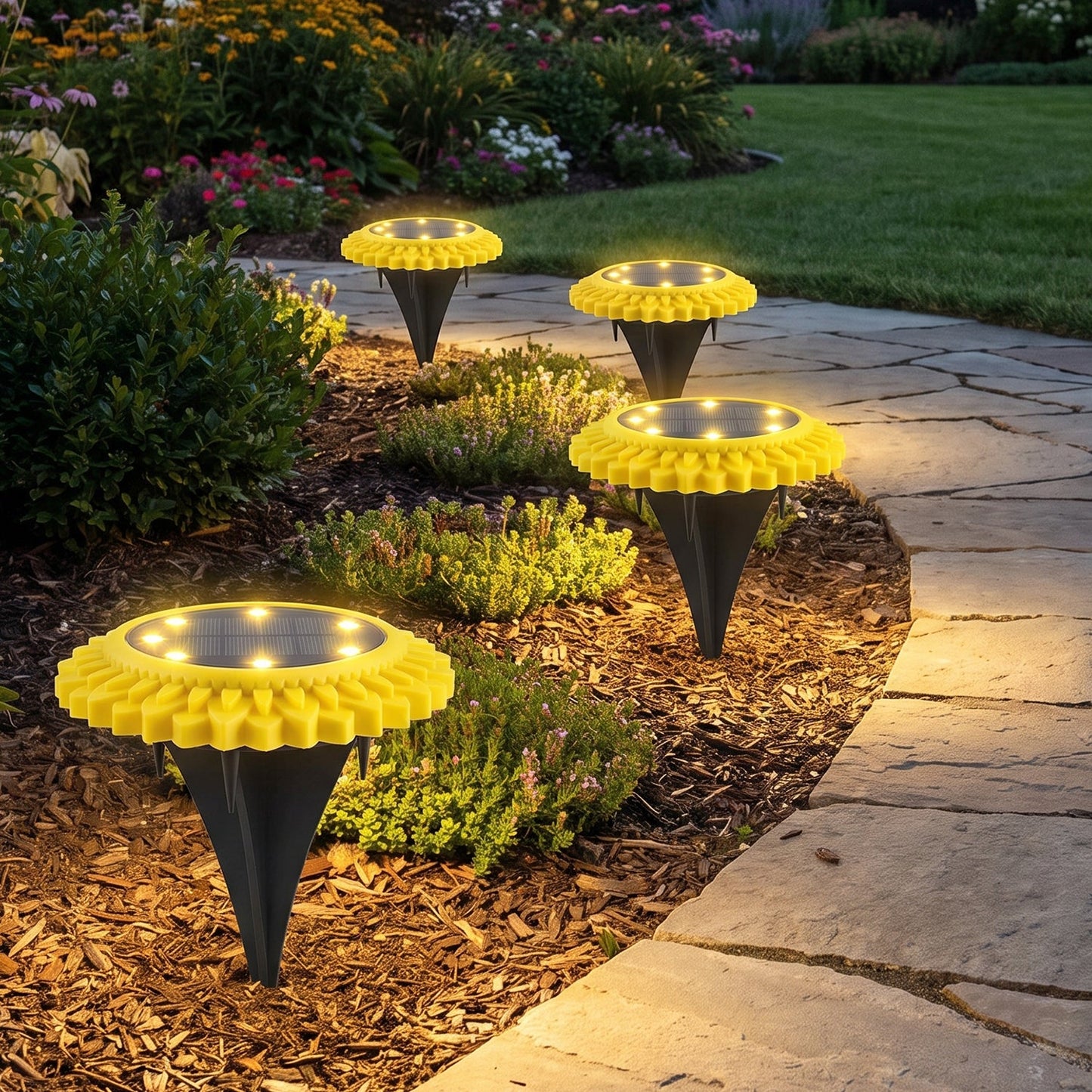 Four yellow and black solar ground lights illuminate a garden path at dusk, with green foliage and a stone walkway.