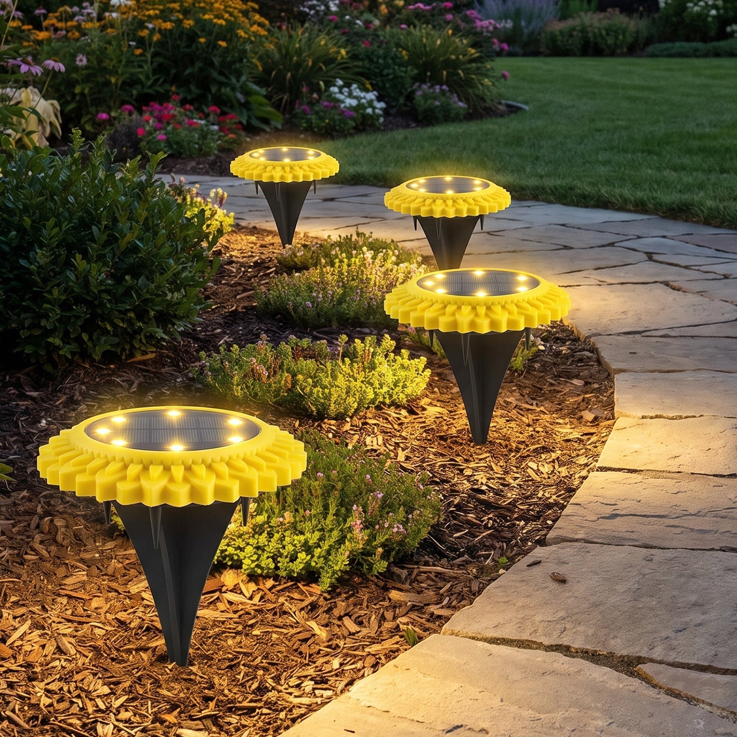 Four yellow and black solar ground lights illuminate a garden path at dusk, with green foliage and a stone walkway.