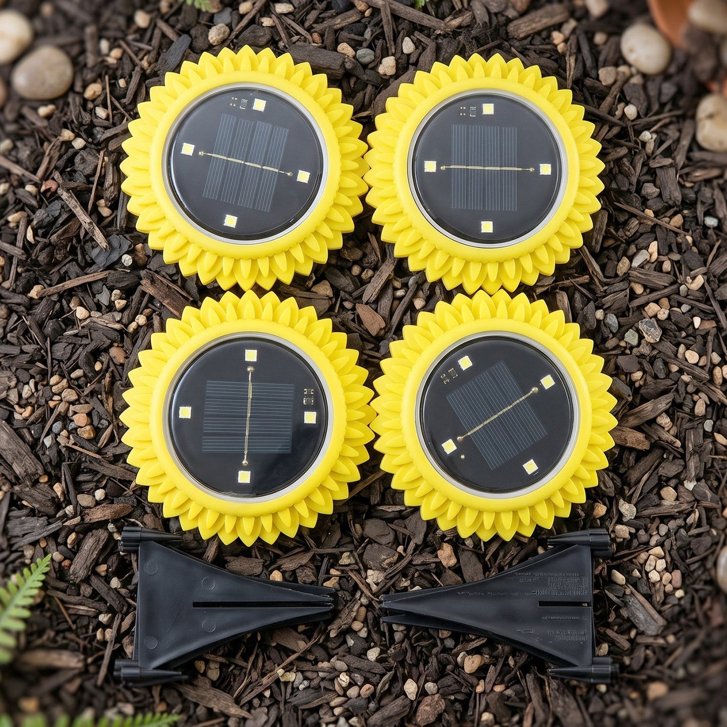 Four yellow, sunflower-shaped solar lights with black solar panels and two black ground stakes are arranged on dark soil.