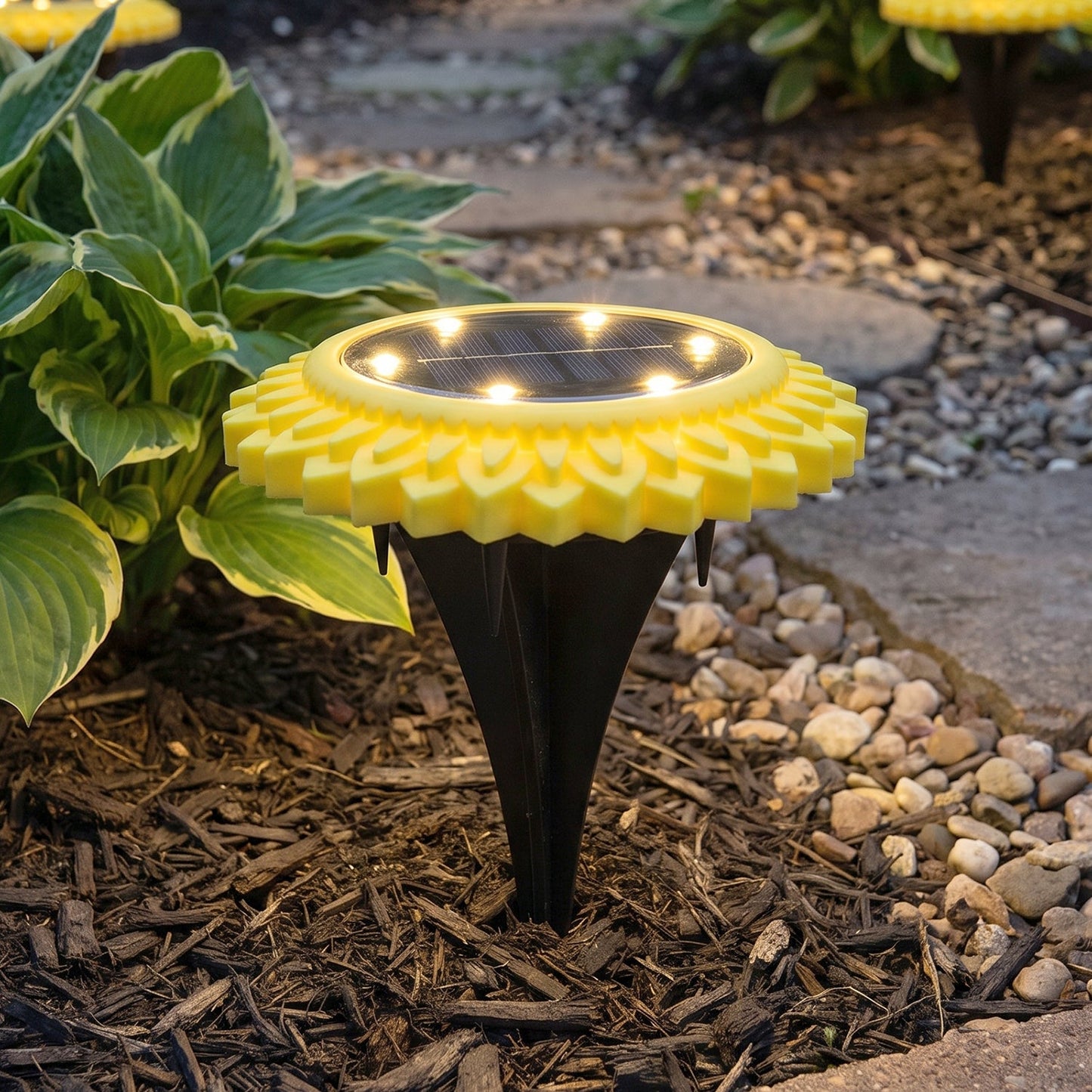 A single yellow and black solar ground light illuminates a garden bed with green hosta plants and small grey pebbles.