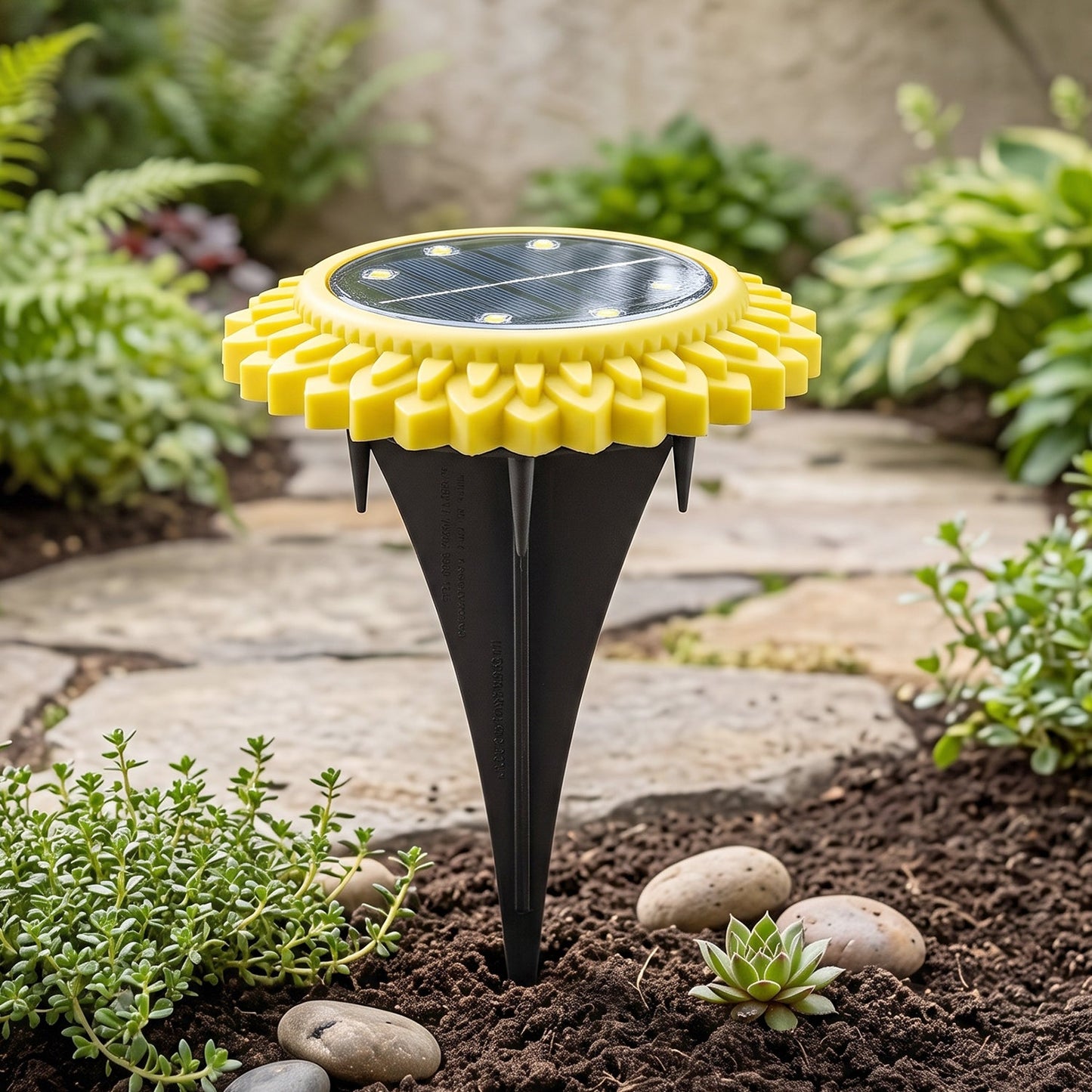 A single yellow and black solar ground light is staked into dark soil with green ground cover and small rocks in the