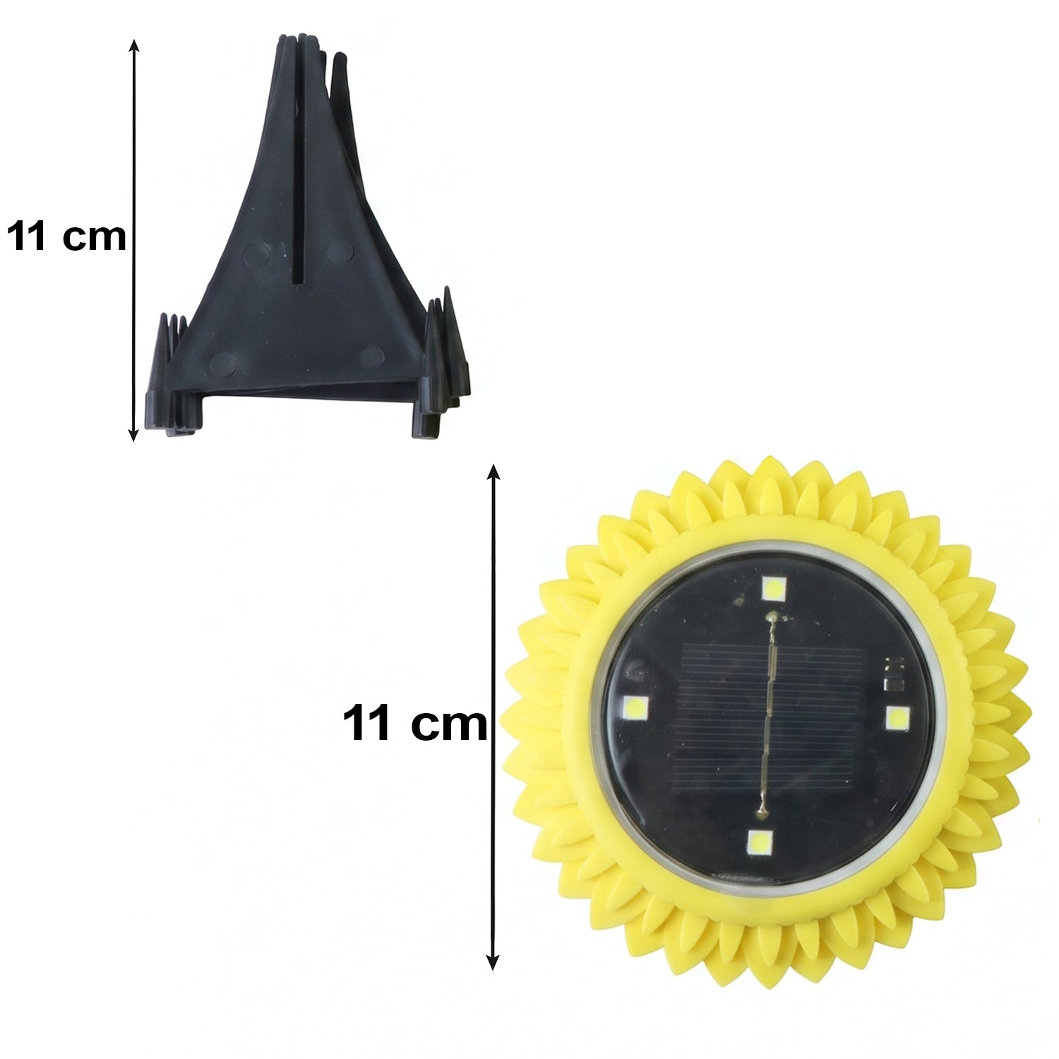 A single yellow, sunflower-shaped solar light and a black ground stake are shown with 11 cm dimension labels on a white