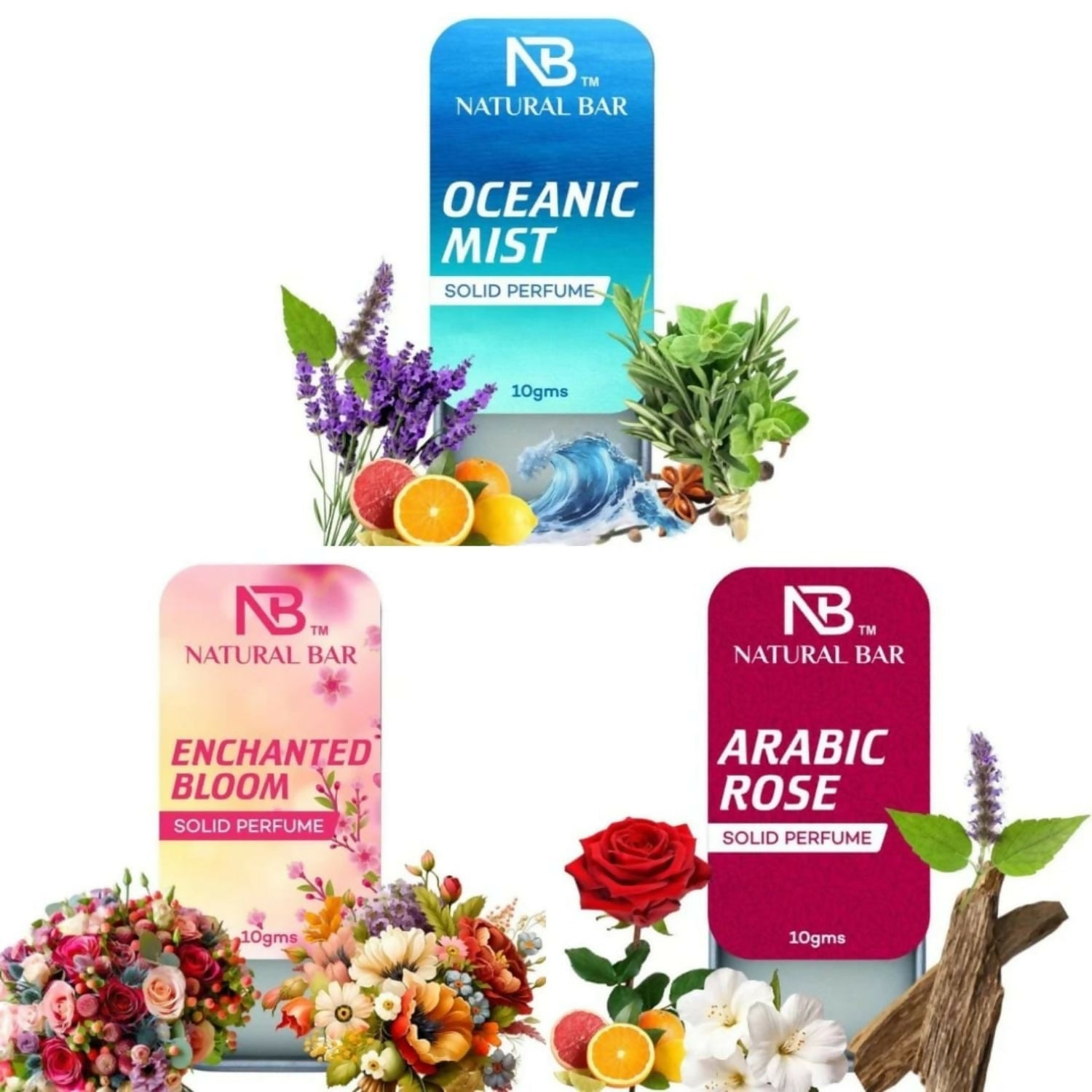 Oceanic Mist, Arabic Rose And Enchanted Bloom Solid Perfume Combo, Alcohol Free Cologne Strong & Lasting Fragrance, Gifting for Him & Her (10gms/3Pc)