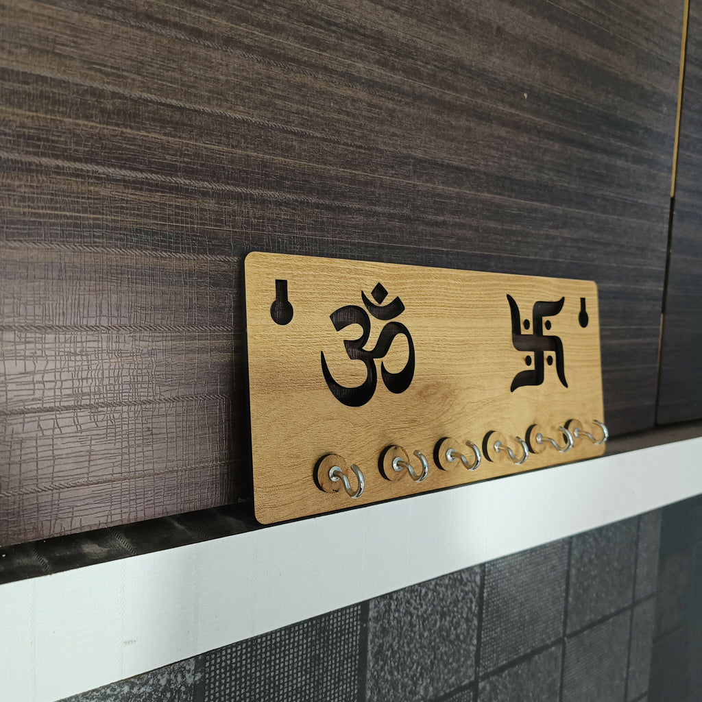 Wooden Key Holder for Wall – ॐ Om & Swastik MDF Key Organizer | Spiritual Wall Key Stand for Home Décor