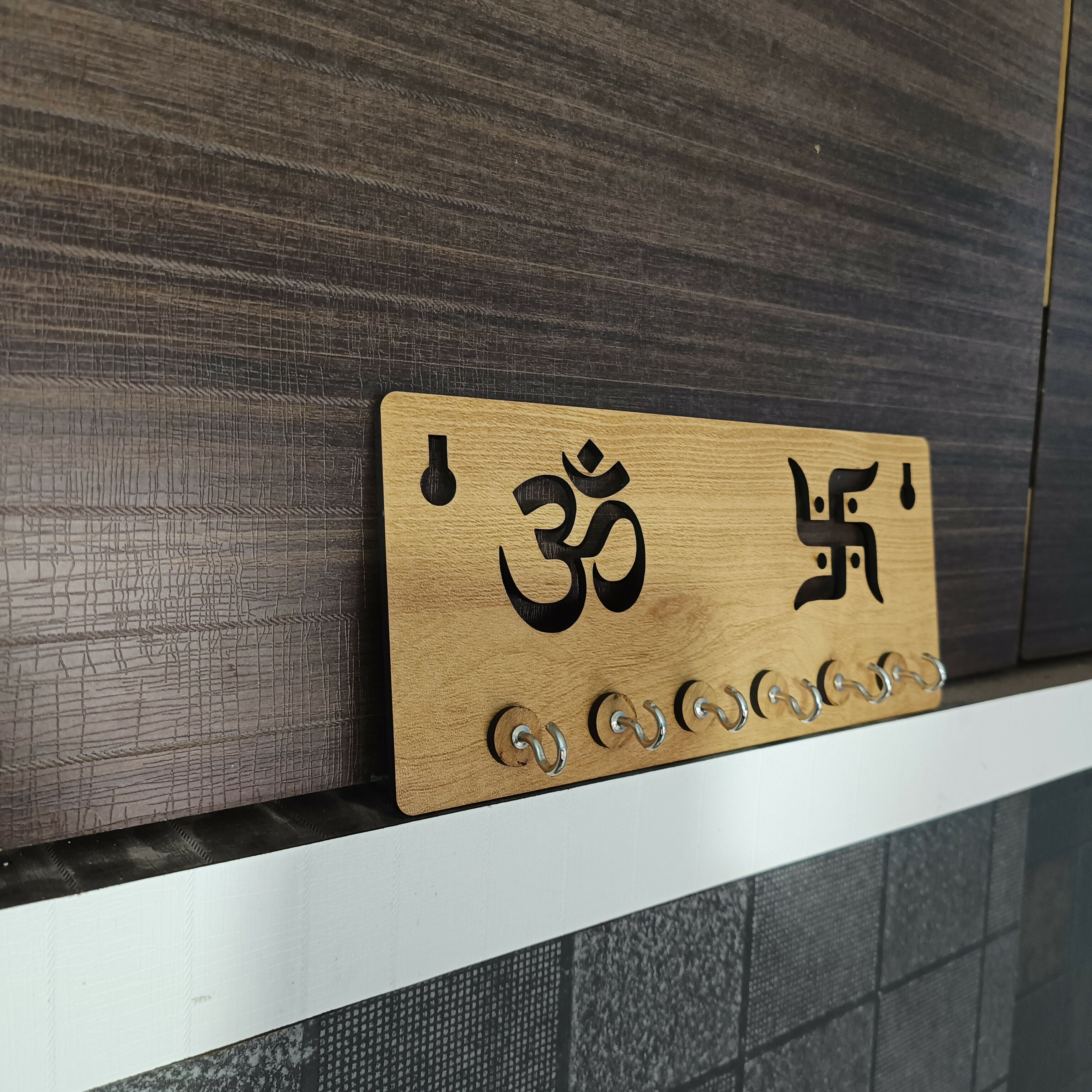 Wooden Key Holder for Wall – ॐ Om & Swastik MDF Key Organizer | Spiritual Wall Key Stand for Home Décor