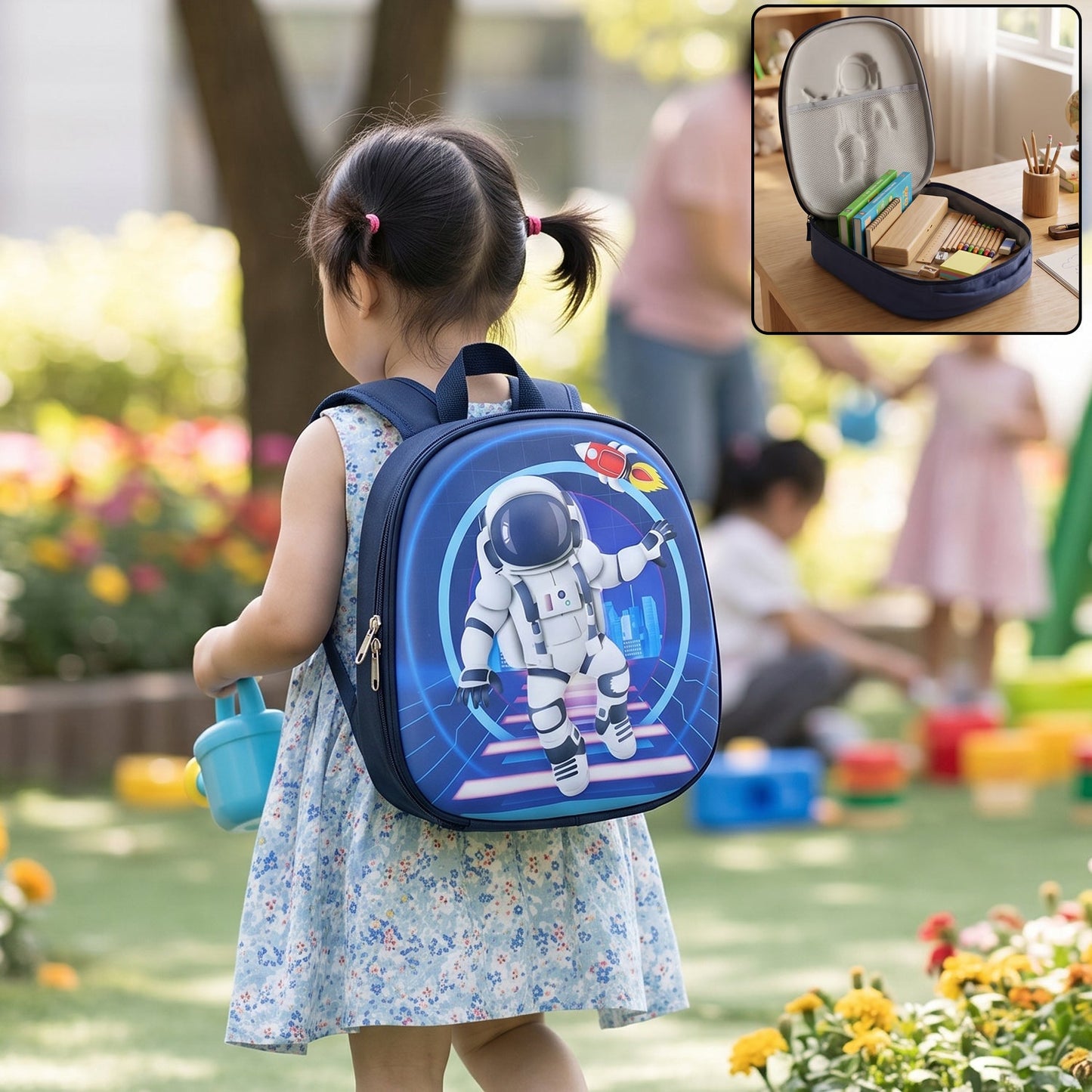 A young girl in a floral dress wears a navy blue hard-shell backpack with a white astronaut graphic, holding a blue toy.