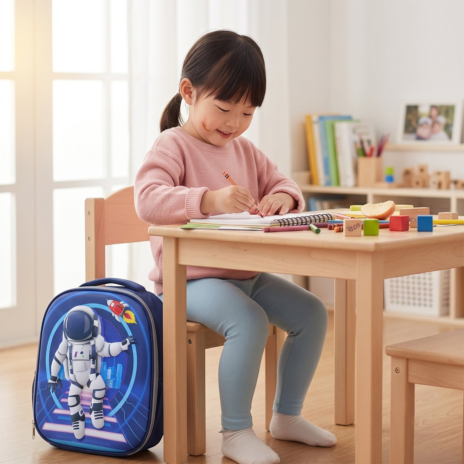 The navy blue hard-shell backpack with a white astronaut and red rocket graphic is centered on a light wooden surface.