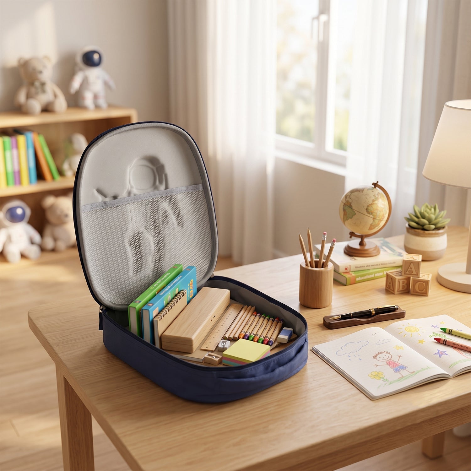 A child from behind wears a navy blue hard-shell backpack with a white astronaut and rocket graphic in a sunny garden.