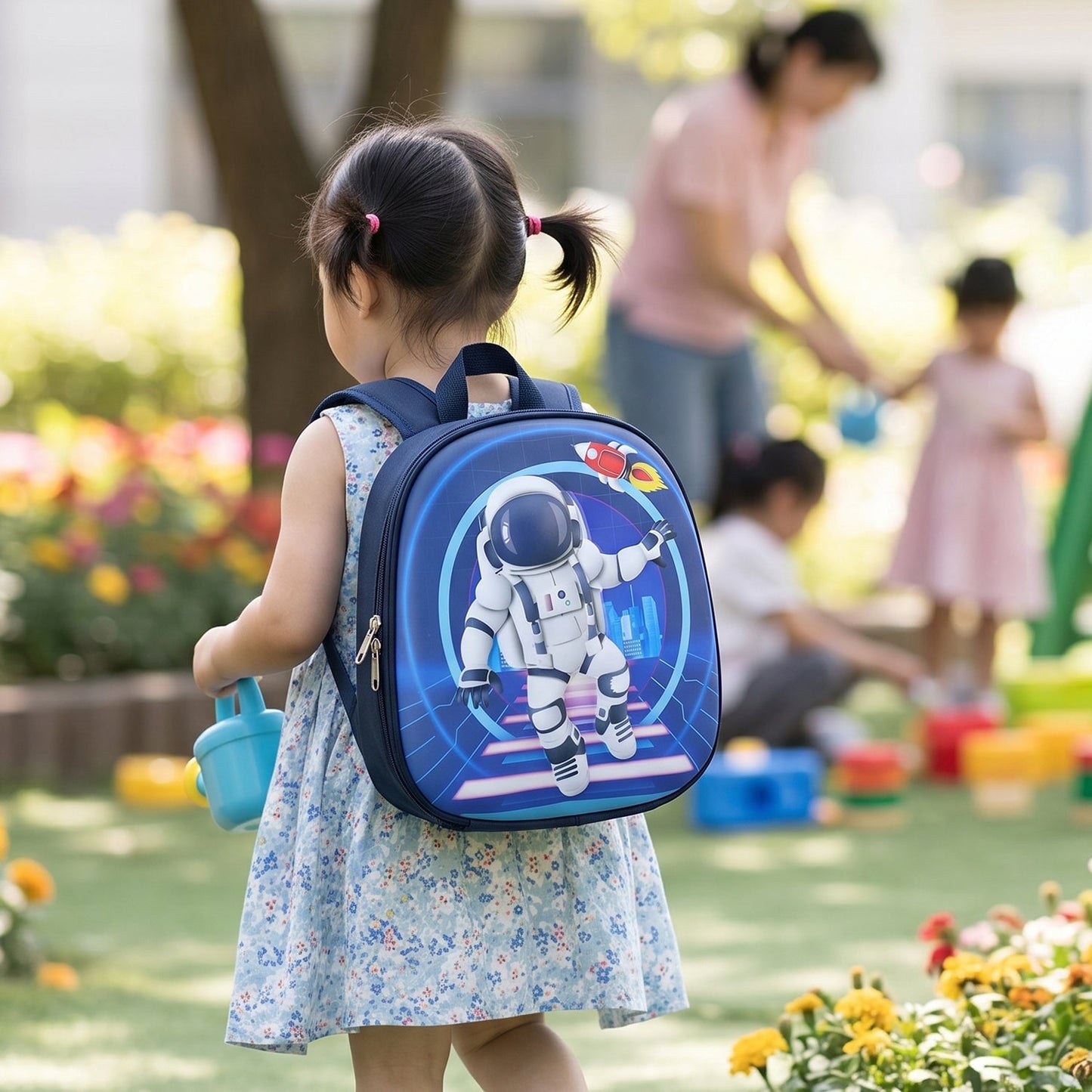 The navy blue hard-shell backpack with an astronaut graphic is shown with dimensions: 30 cm height and 24 cm width.