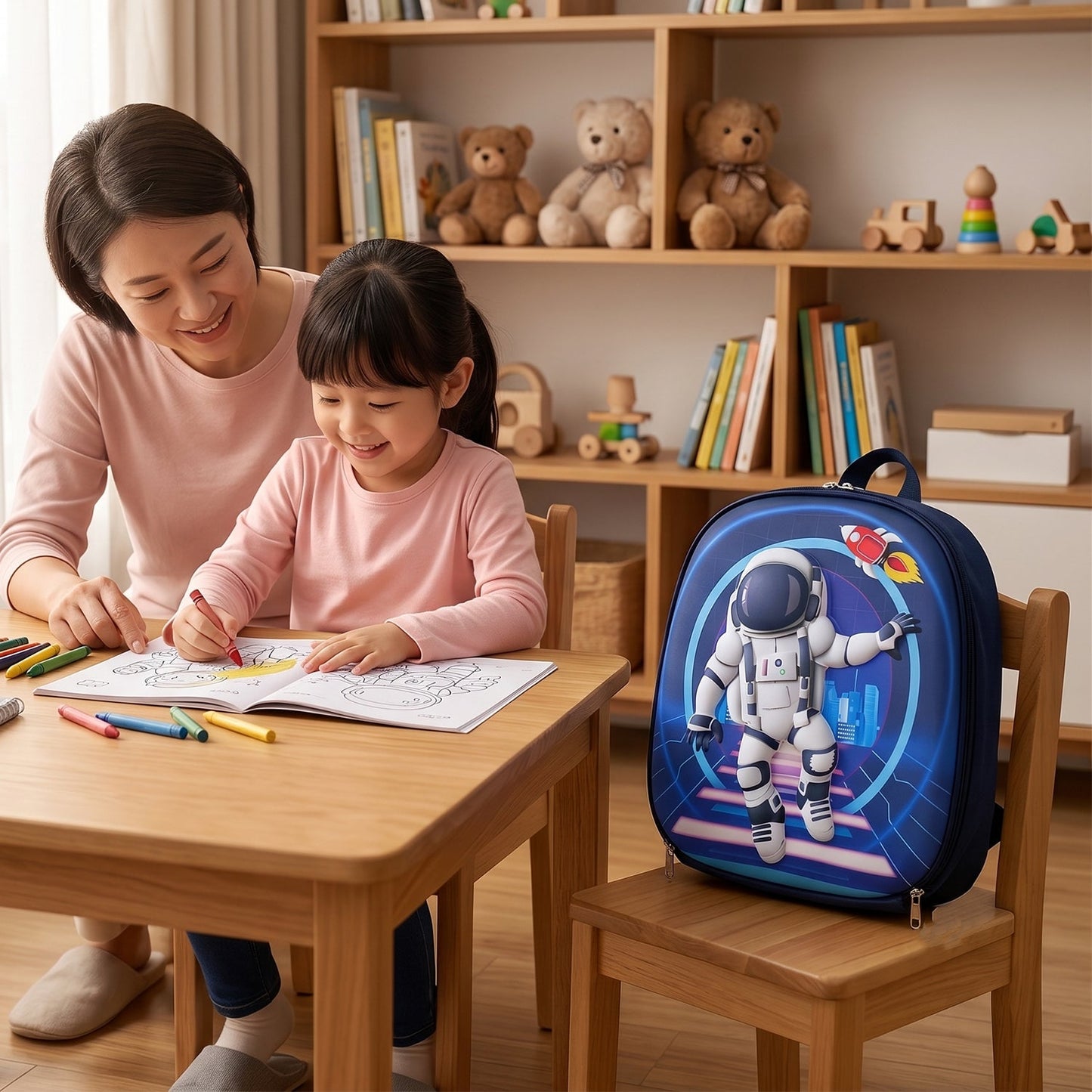 An open navy blue hard-shell backpack filled with school supplies sits on a wooden desk with a globe and books.