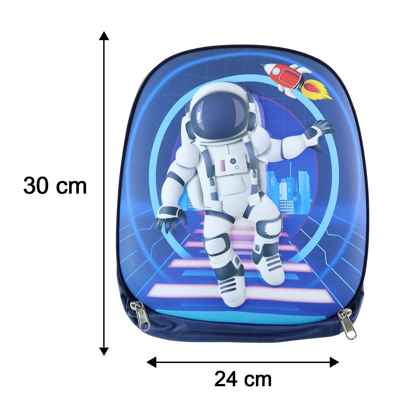 A young girl colors at a small wooden table, with the navy blue astronaut backpack resting on the floor beside her chair.