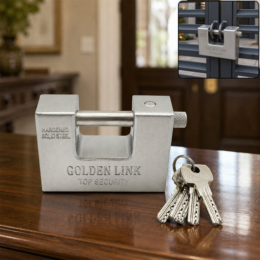 Front view of a 94mm stainless steel padlock with its shackle.