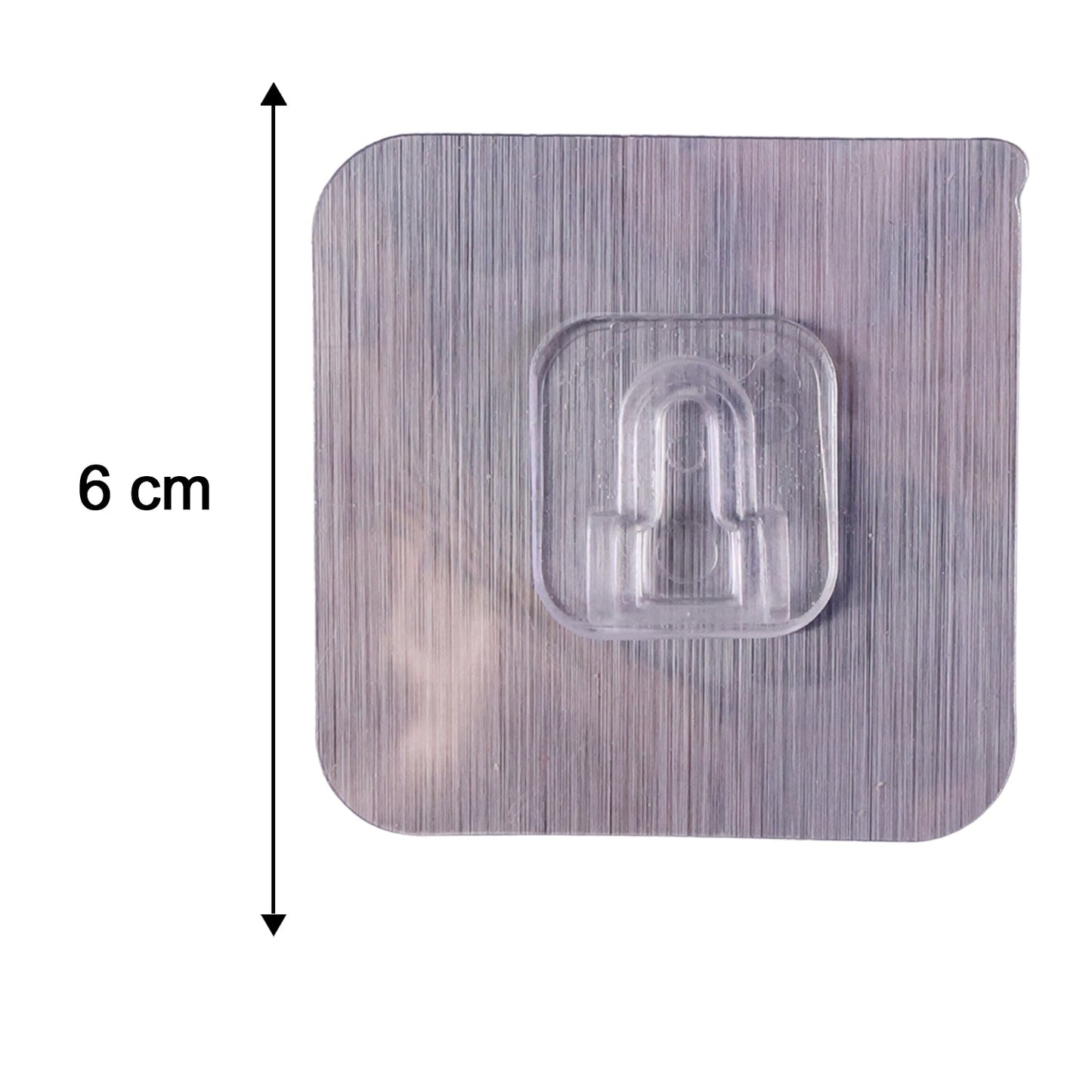 A transparent self-adhesive hook with a brushed metal-look backing, showing a 6 cm height measurement.