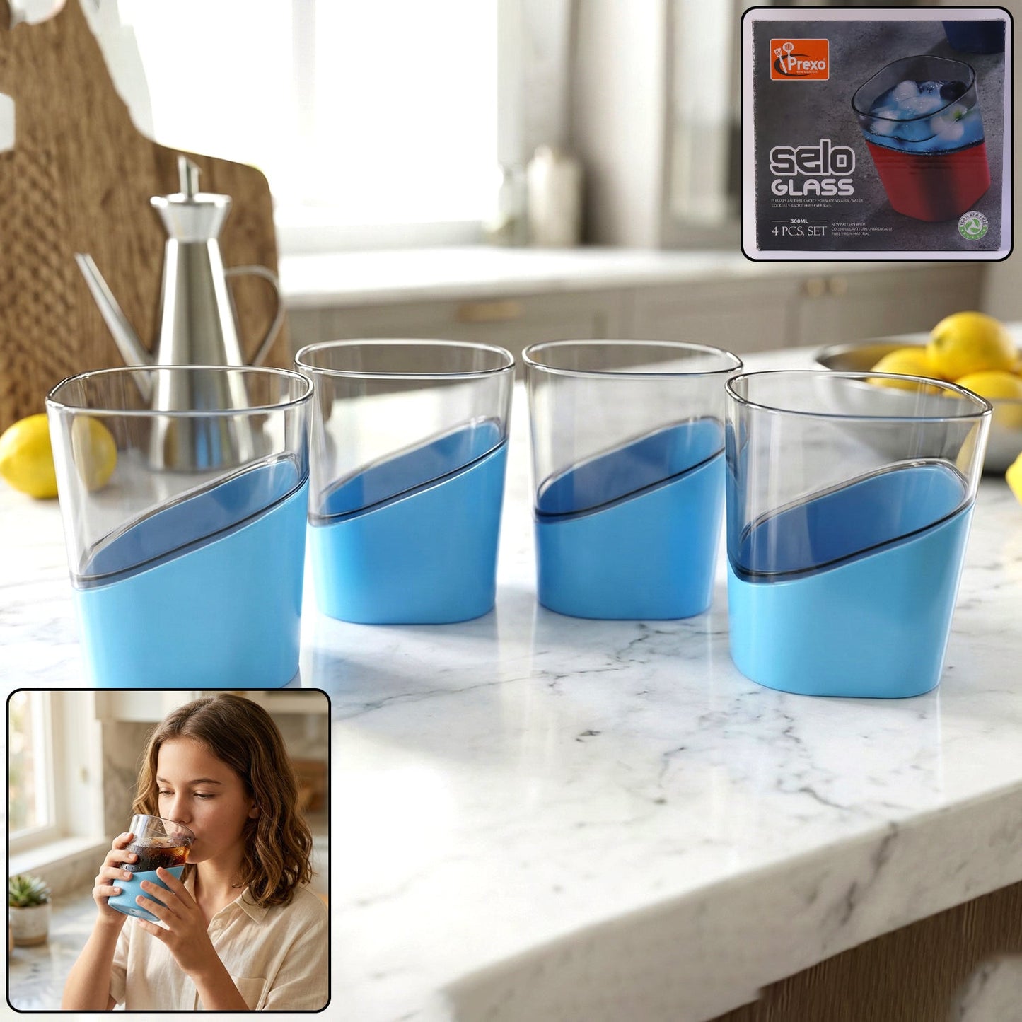 Red plastic selo glasses with grip base and slanted design for easy handling