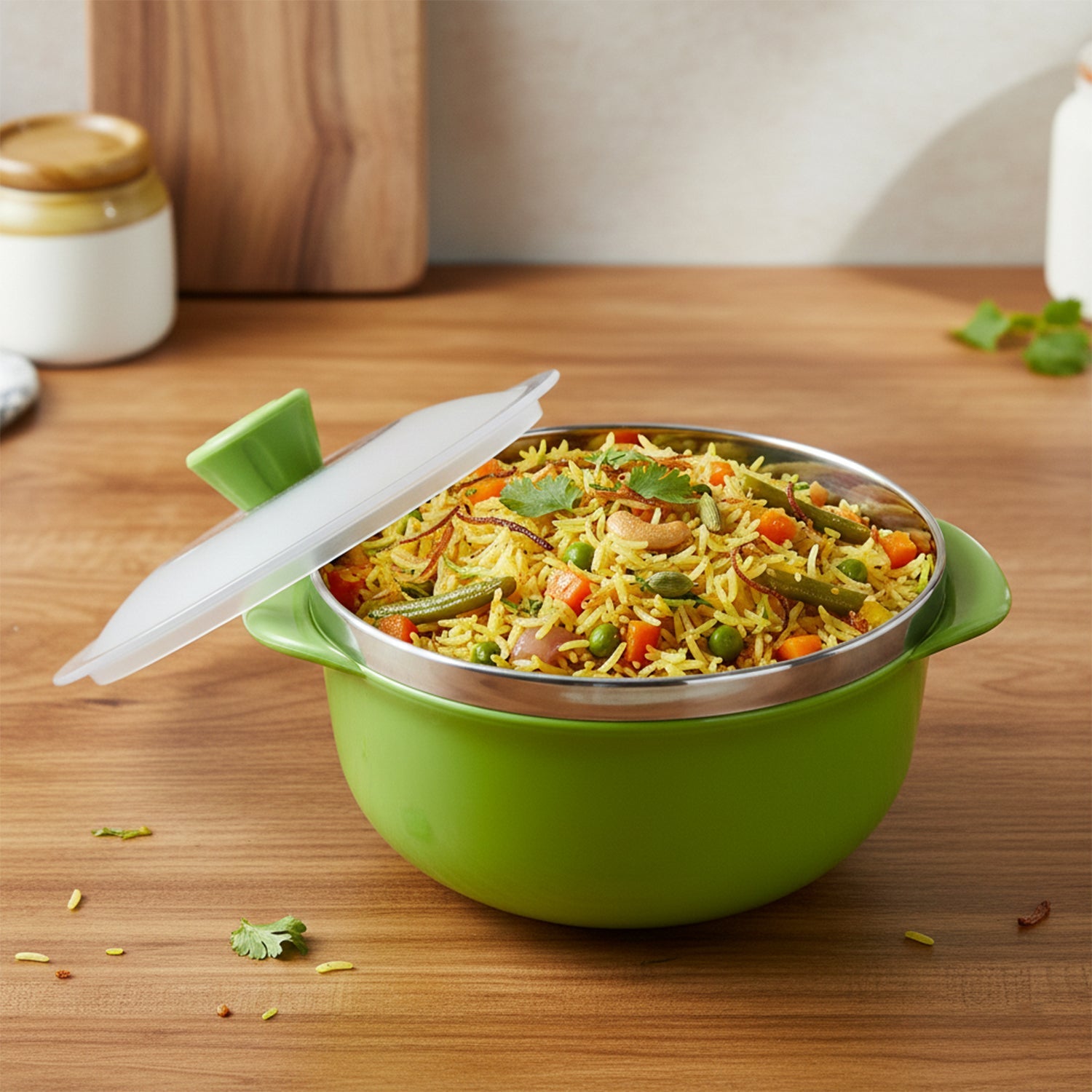Three-piece kitchen serving bowl set with matching airtight lids