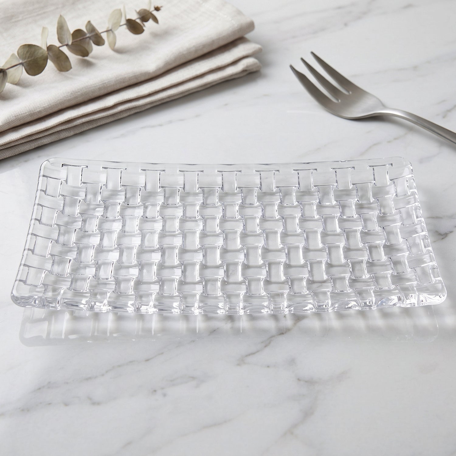 Crystal clear glass serving tray with basketweave design