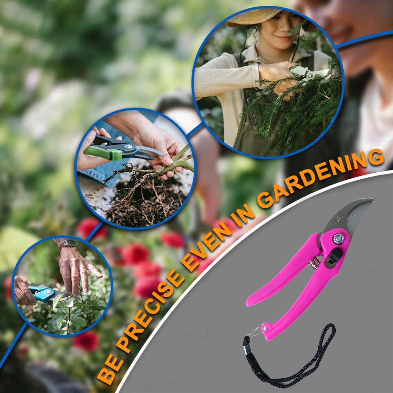 A collage of circular insets showing hands using pruning shears for different tasks, with a large pink shear in the